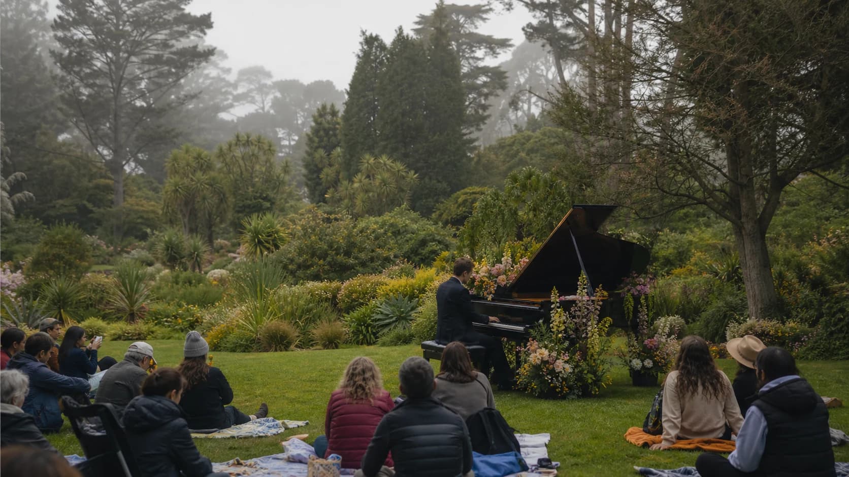 Outdoor piano among lush Botanical Garden plants beneath soft Golden Gate Park cloud