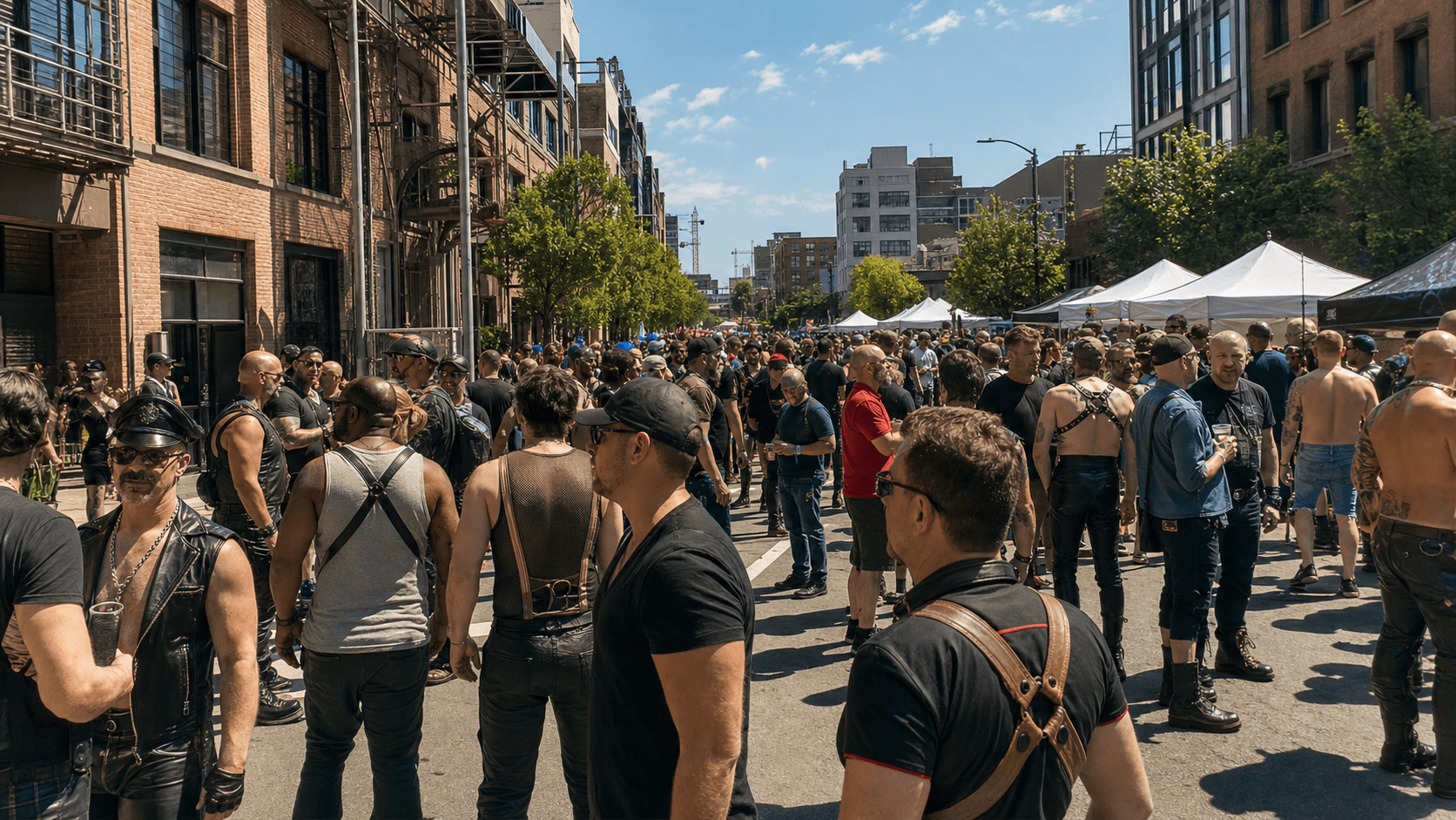 Folsom Street Fair crowd in leather clothing on a sunny South of Market street