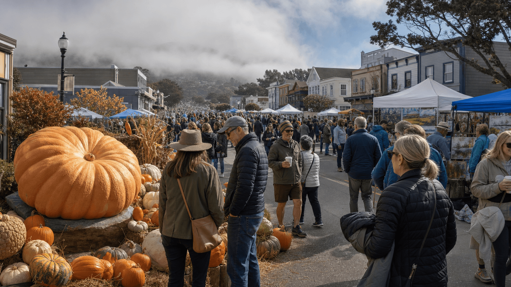 Pumpkin Festival visitors on Main Street as coastal fog lifts from the Half Moon Bay hills