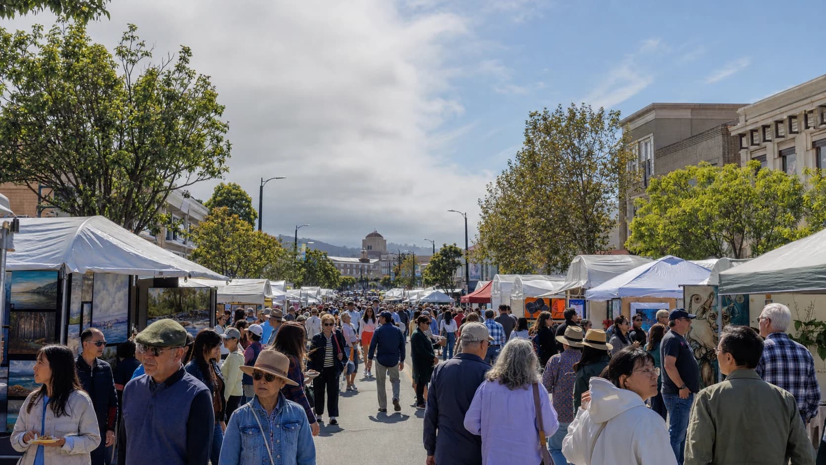 Art and wine festival booths lining Broadway in Millbrae beneath clearing morning clouds