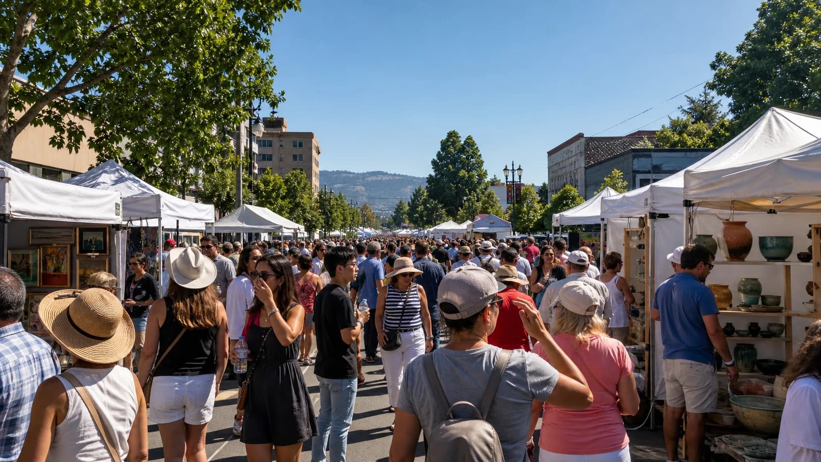 Large art and wine festival crowd walking along sunny Castro Street in Mountain View