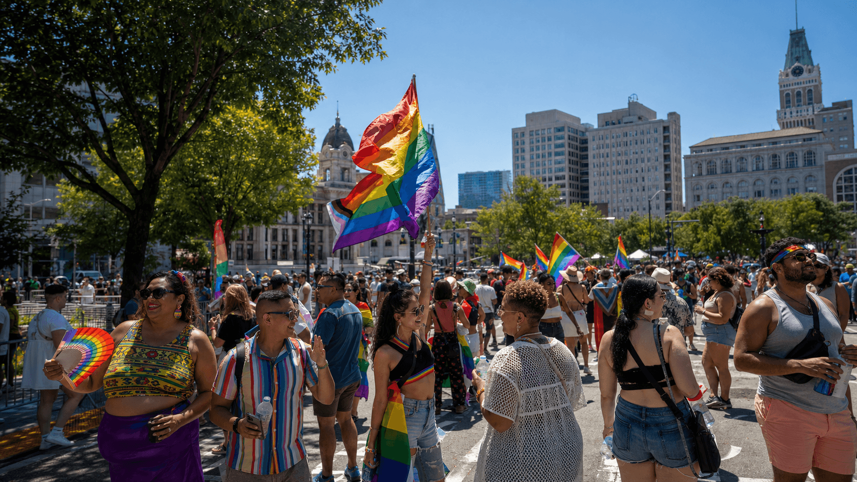 Oakland Pride crowd carrying rainbow flags in bright summer sun near downtown Oakland