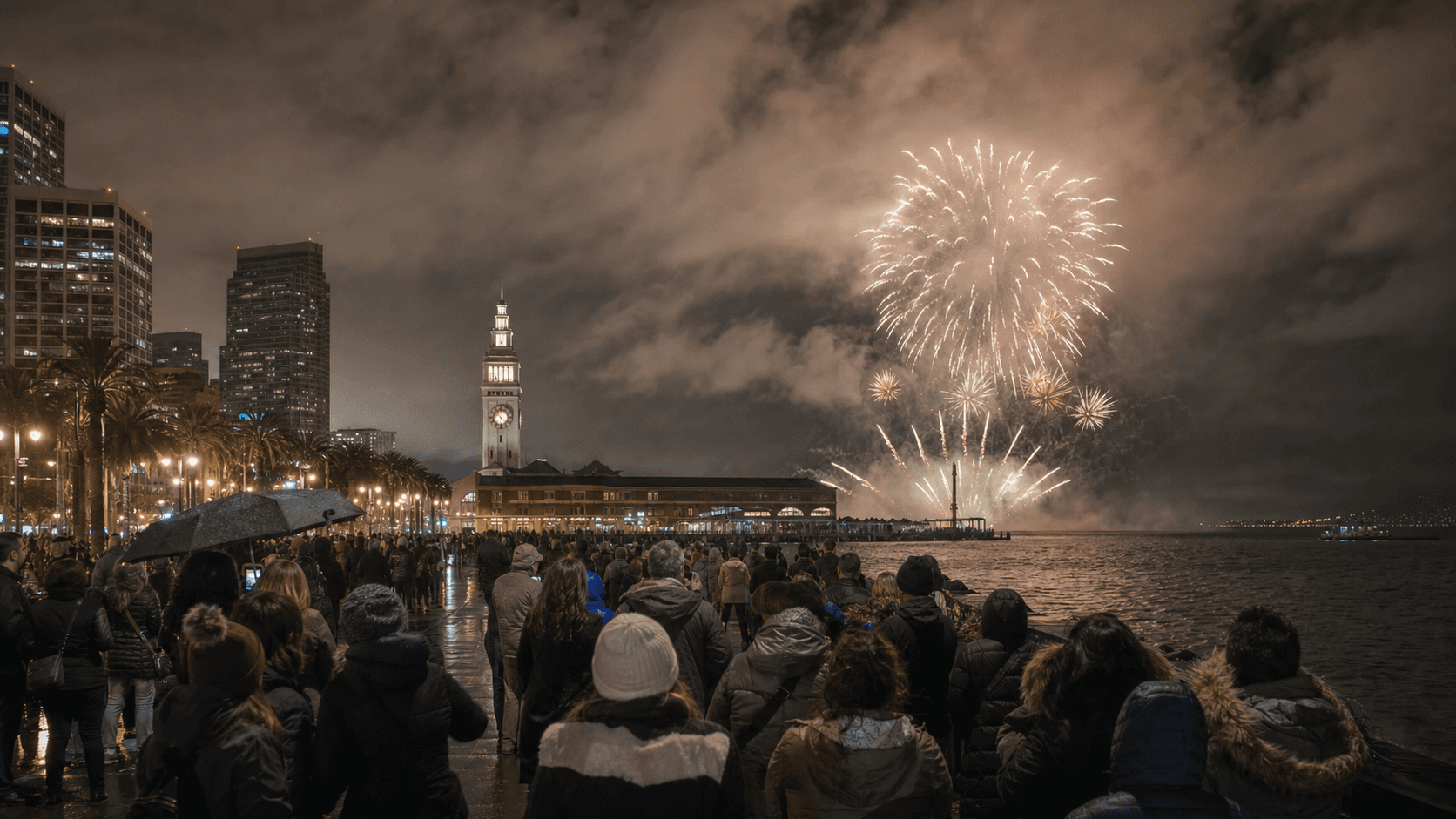 New Year’s Eve fireworks above the San Francisco waterfront under low clouds after rain