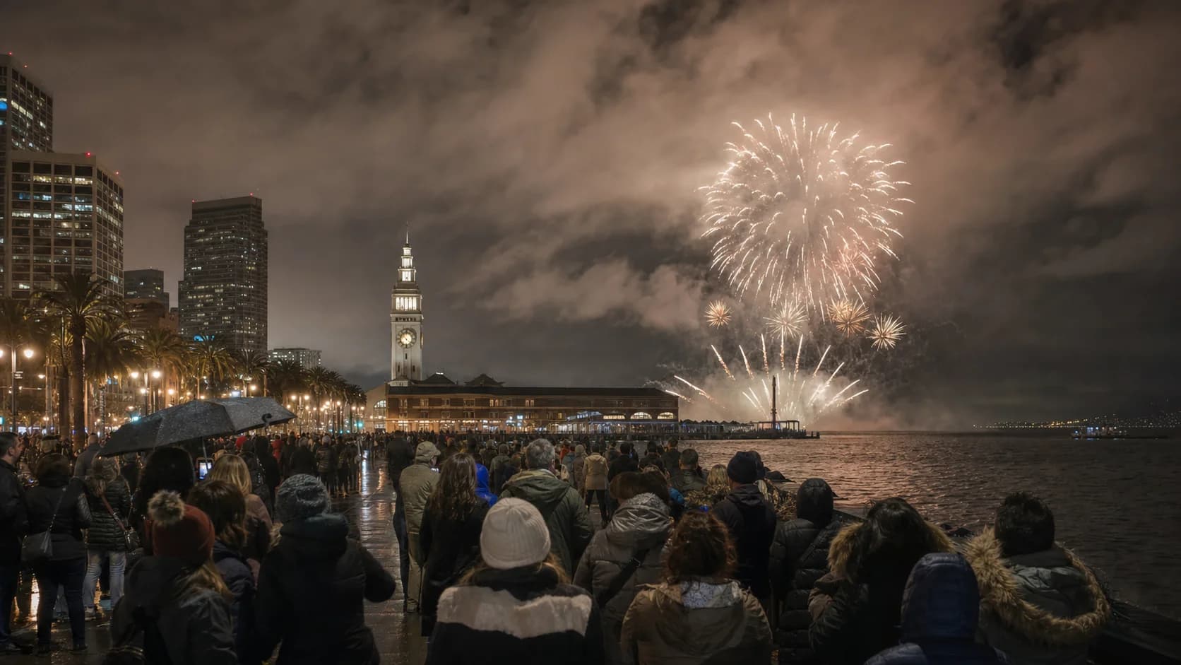 New Year’s Eve fireworks above the San Francisco waterfront under low clouds after rain