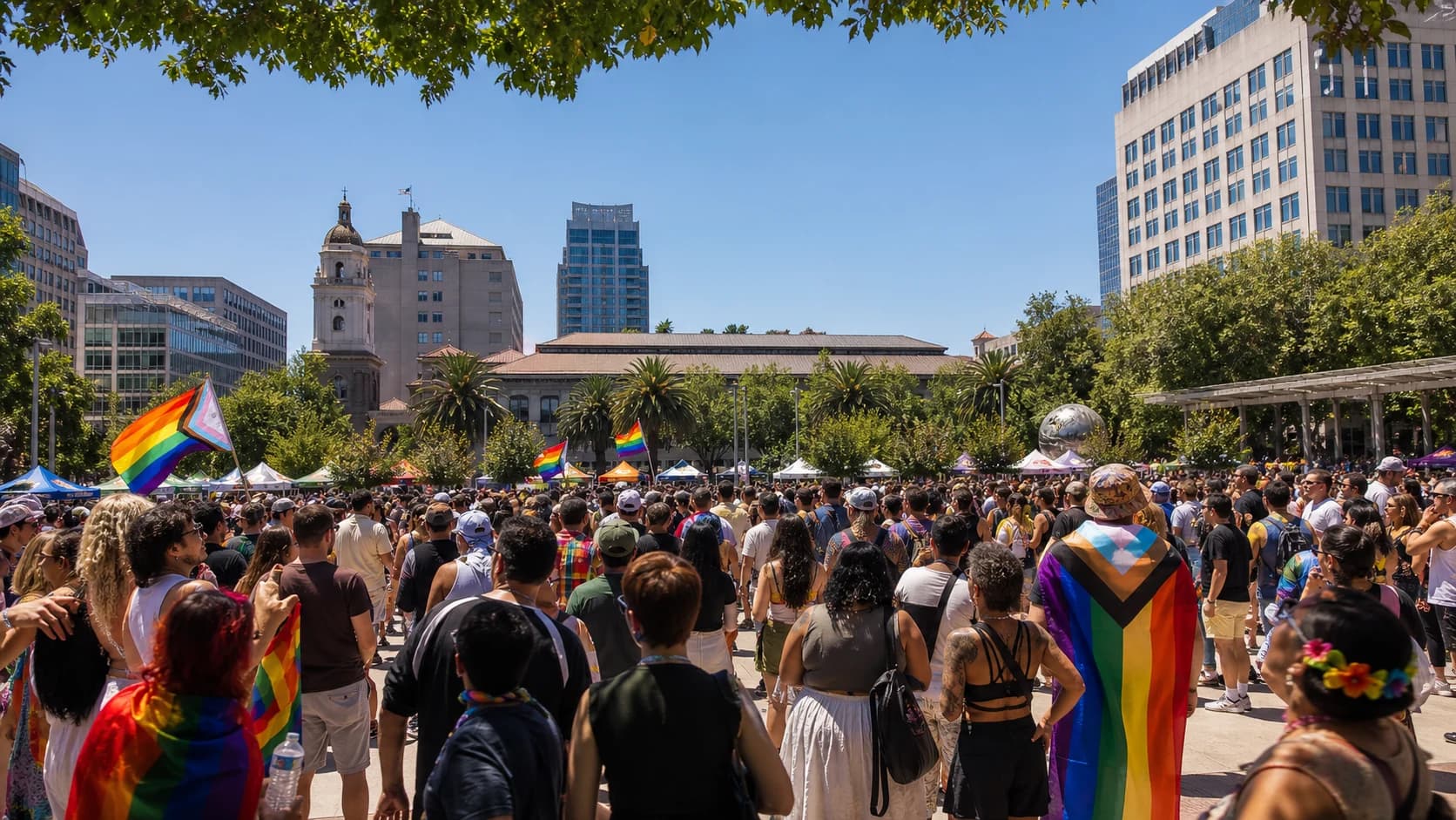 Silicon Valley Pride attendees carrying rainbow flags through sunny downtown San Jose