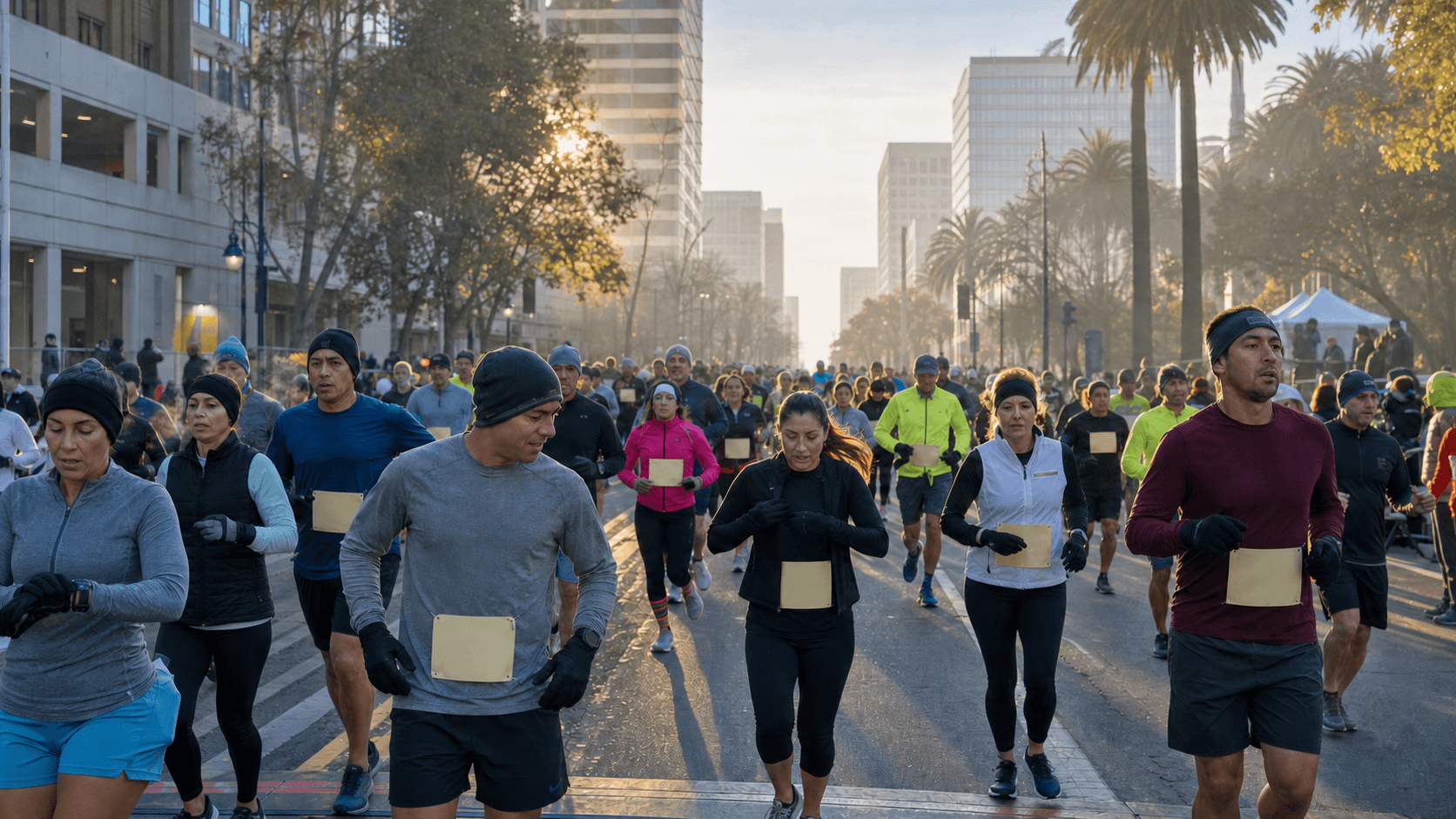 Turkey Trot runners crossing downtown San Jose in cool, fog-softened Thanksgiving morning light