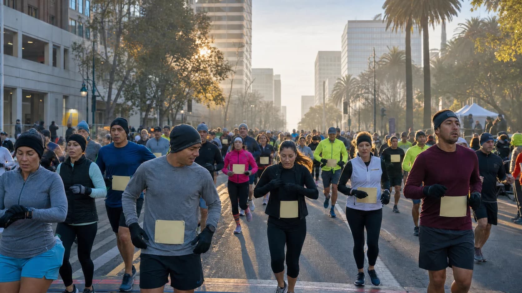 Turkey Trot runners crossing downtown San Jose in cool, fog-softened Thanksgiving morning light