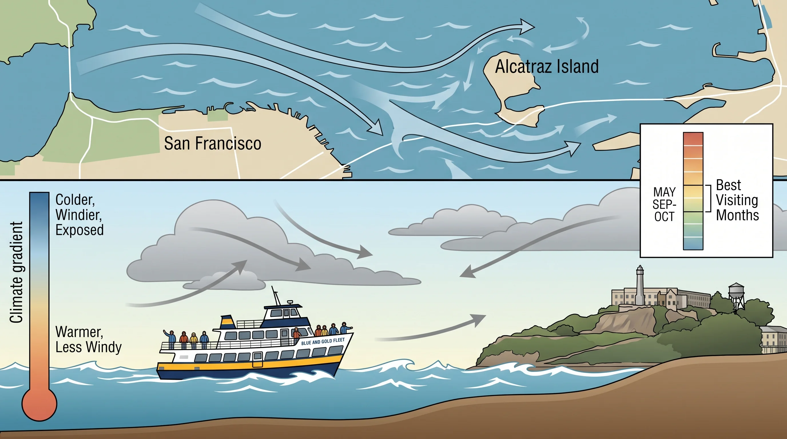 Alcatraz Island in San Francisco Bay on a typical summer day: the island surrounded by blue-gray bay water, the cellhouse building with its white facade visible, fog bank approaching from the Golden Gate, the wind visible in the whitecaps on the water around the island