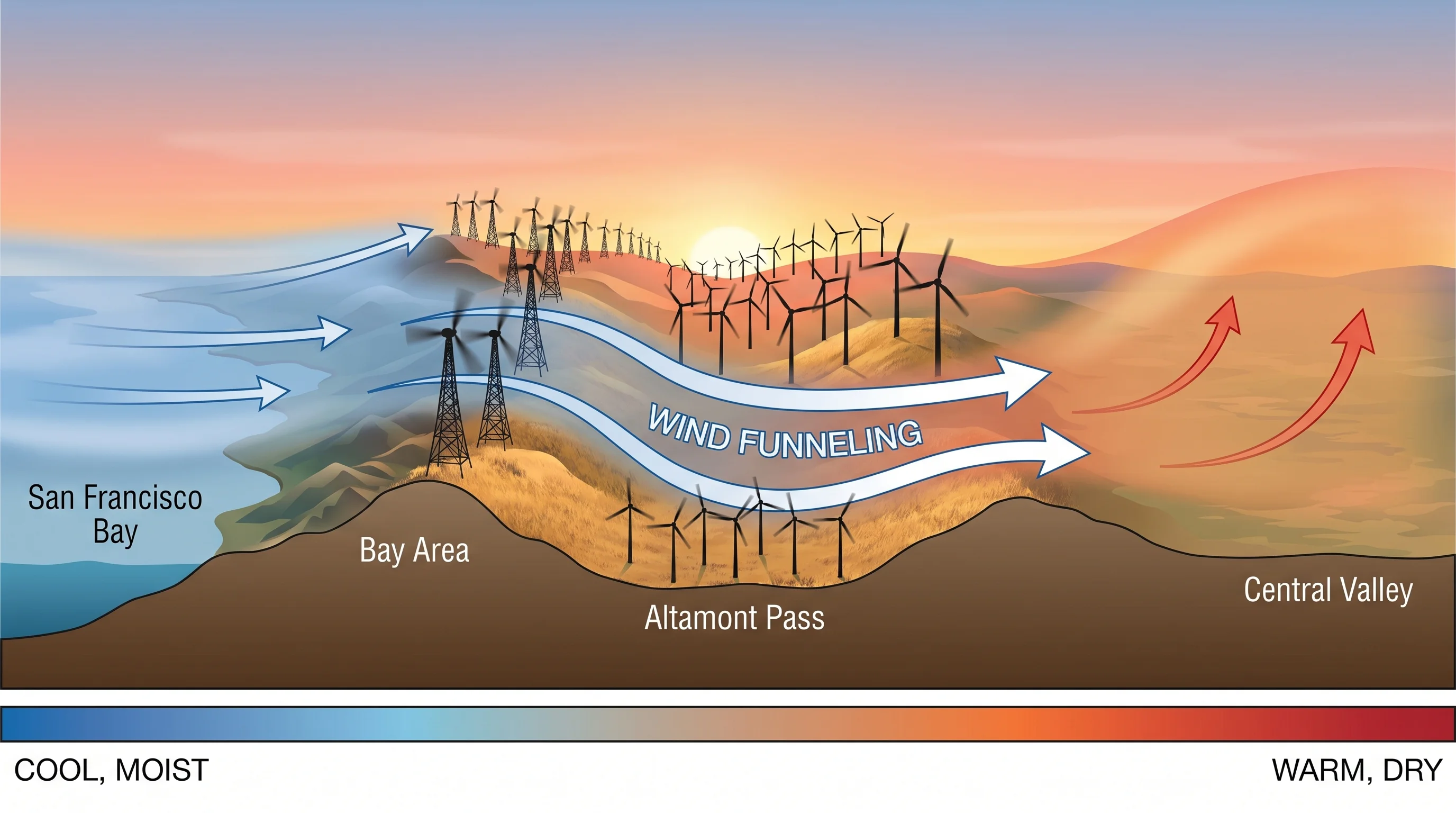 Altamont Pass wind farm with thousands of wind turbines on golden dry hills, strong westerly wind visible in the grass, blue sky with a few clouds