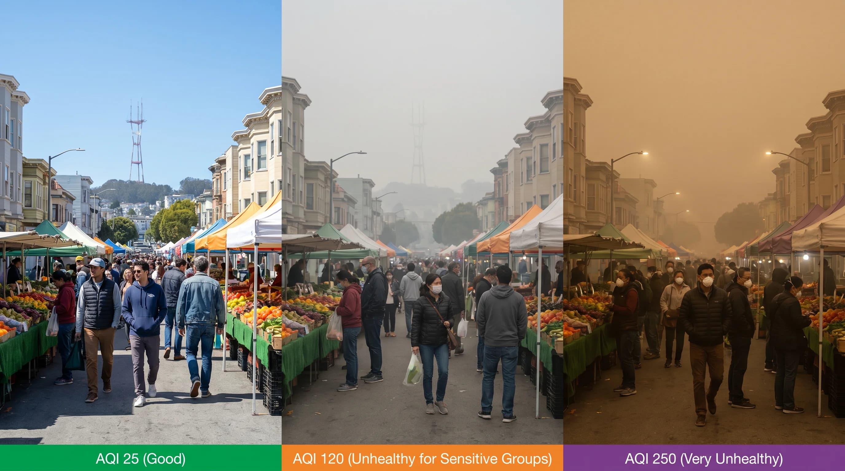 AQI scale diagram showing the six color categories from green (Good, 0-50) through maroon (Hazardous, 301-500), with health guidance for each category