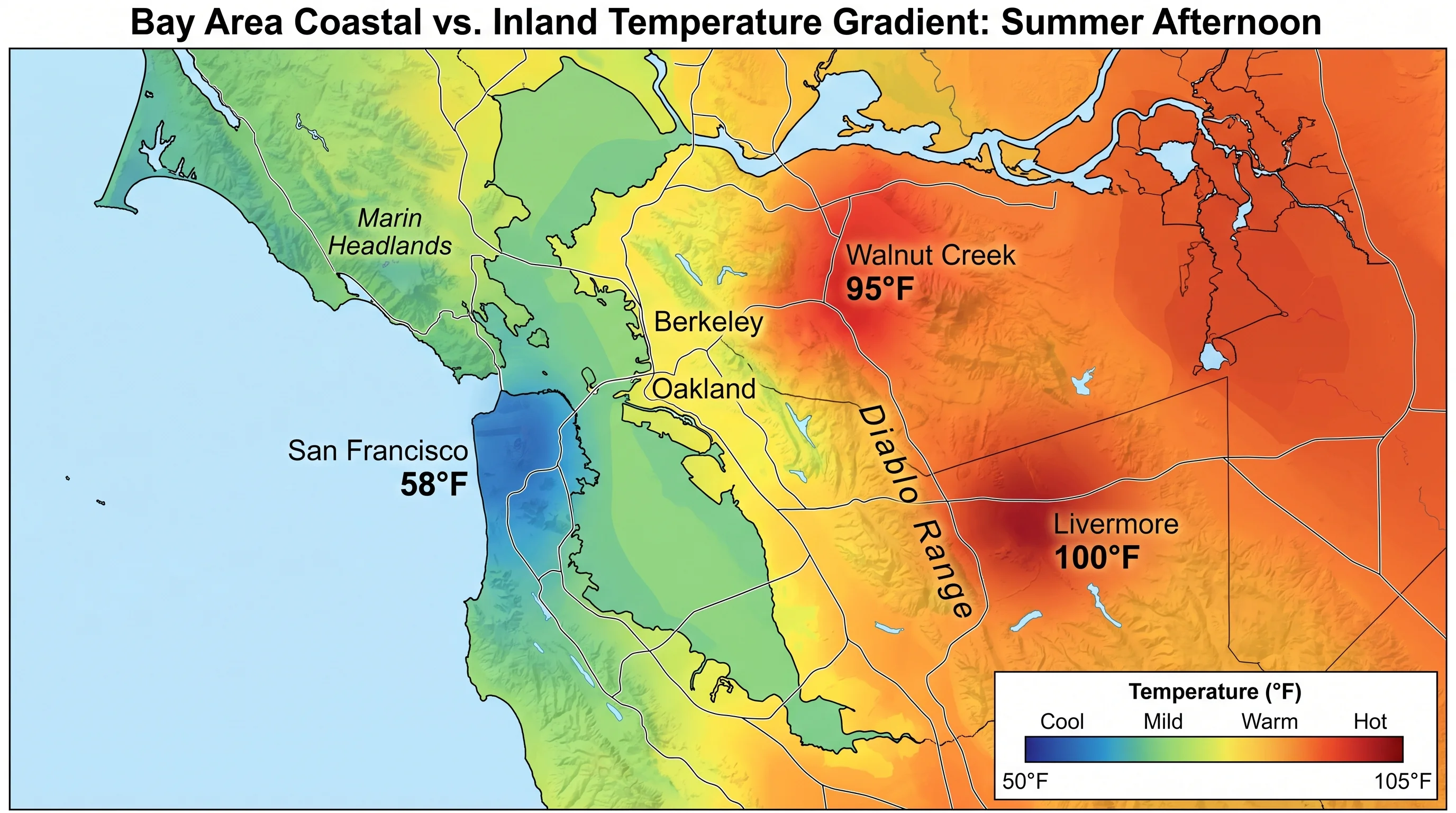 Temperature gradient map of the Bay Area showing how coast is 20-30F cooler than inland