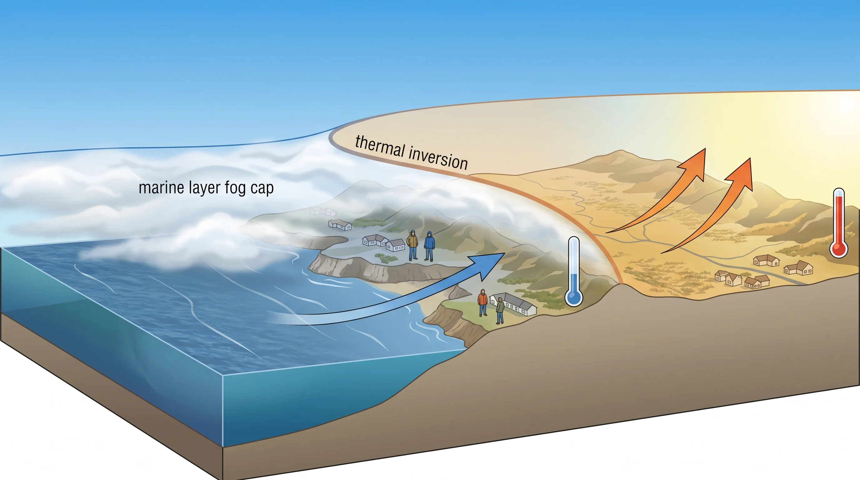 Diagram showing how cold ocean water and marine layer fog keep the Bay Area coast cool
