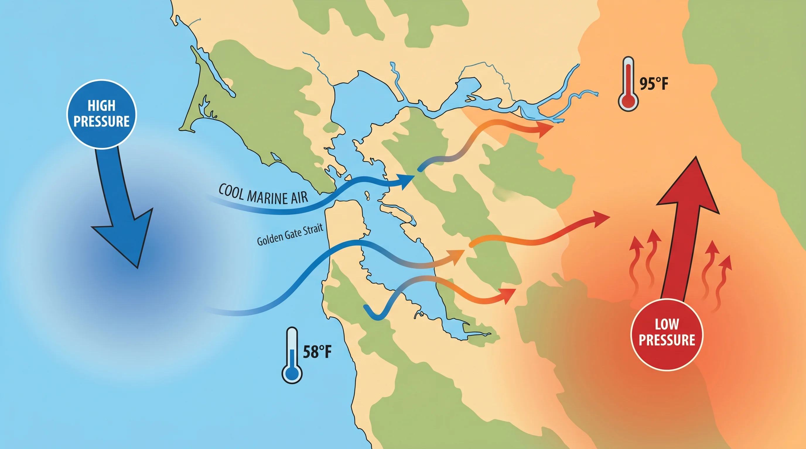 Weather diagram showing how inland heat pulls cool ocean air through the Golden Gate toward San Francisco