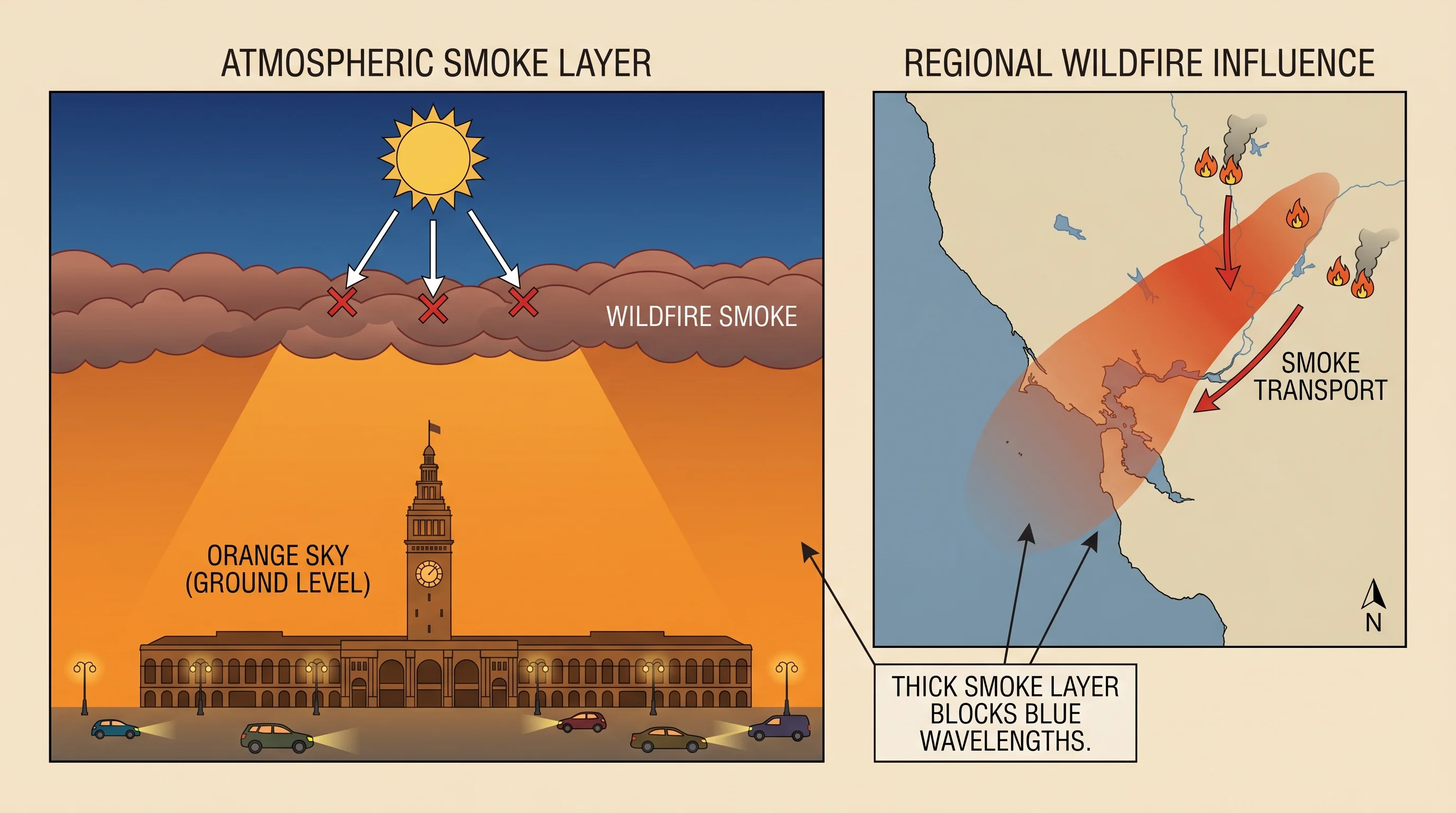 Bay Area night sky orange from wildfire smoke during the August 2020 Lightning Siege, smoke column visible in the distance, eerie orange light over Bay Area communities