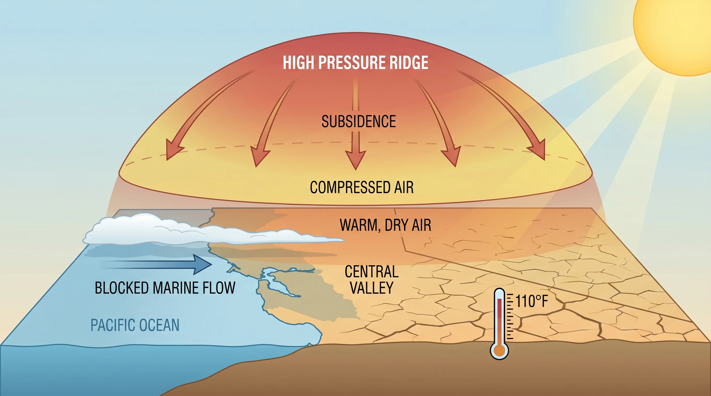 Bay Area heat dome weather map showing upper-level high pressure ridge over California, blocking marine layer and driving extreme temperatures, with temperature anomaly shading