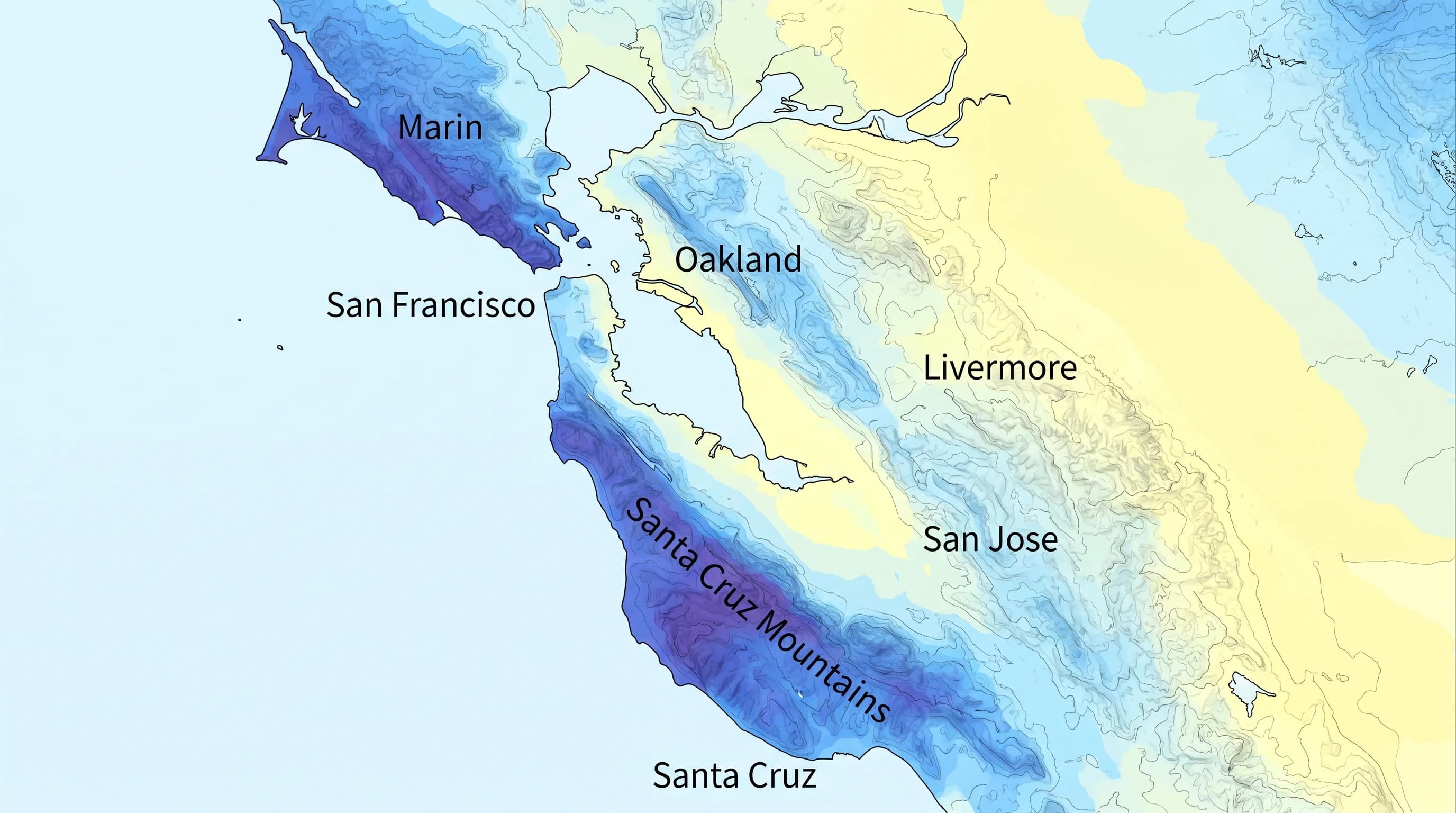 Map of the Bay Area showing rainfall totals by city with color gradient from dry south to wet north