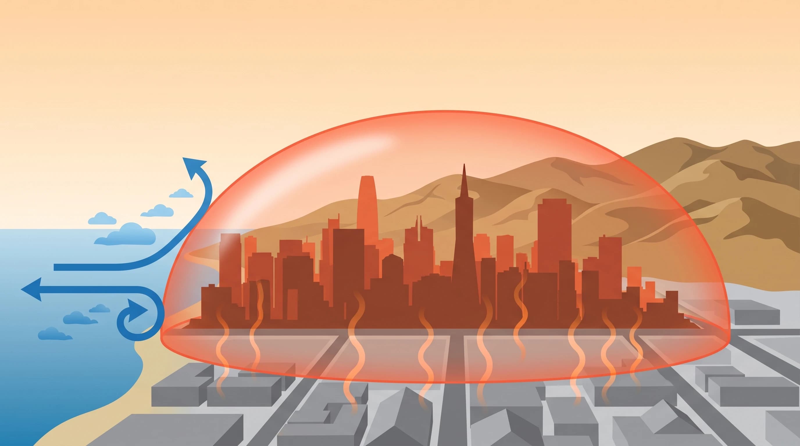 Scientific illustration showing exceptional San Francisco heat when cool marine air is held offshore