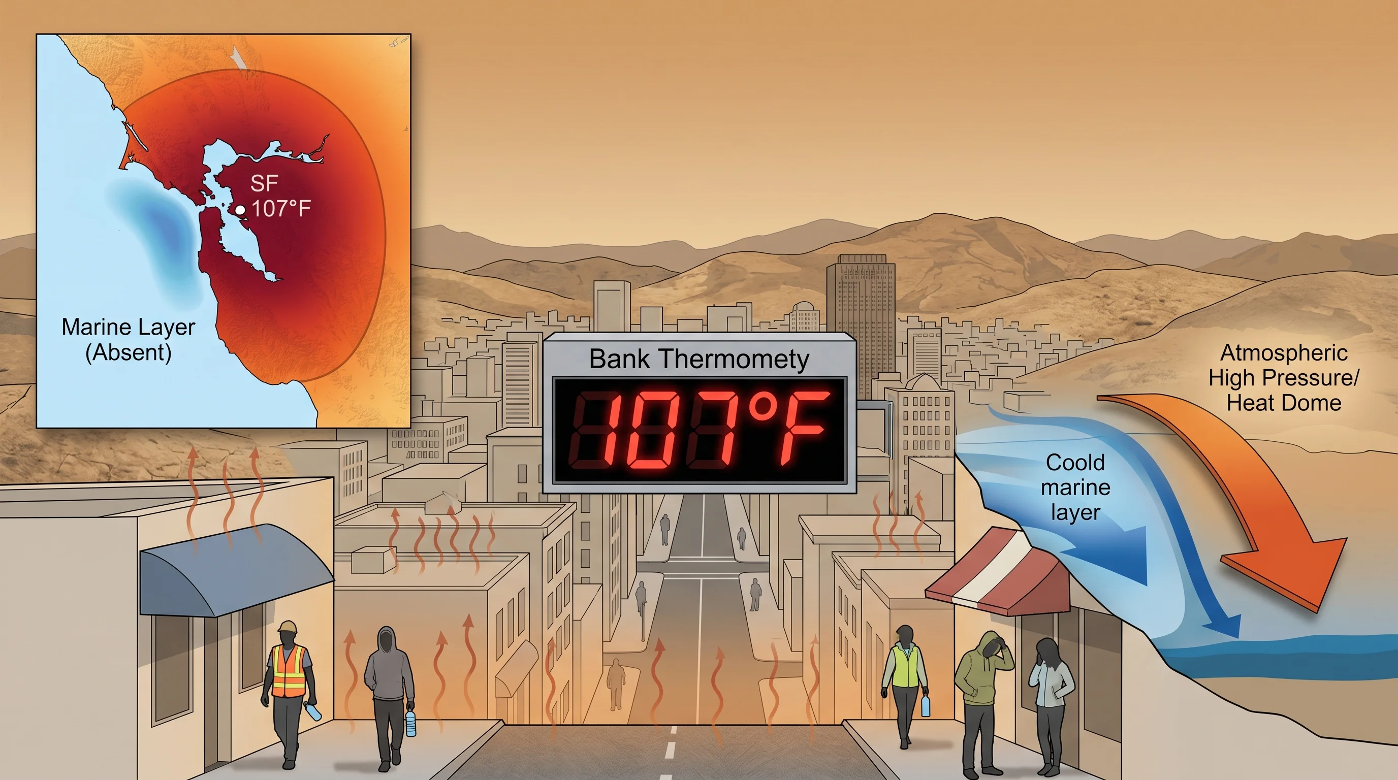 Bay Area thermometer showing extreme temperature on a heat dome day, with brown dry hills in the background, heat shimmer visible, no fog