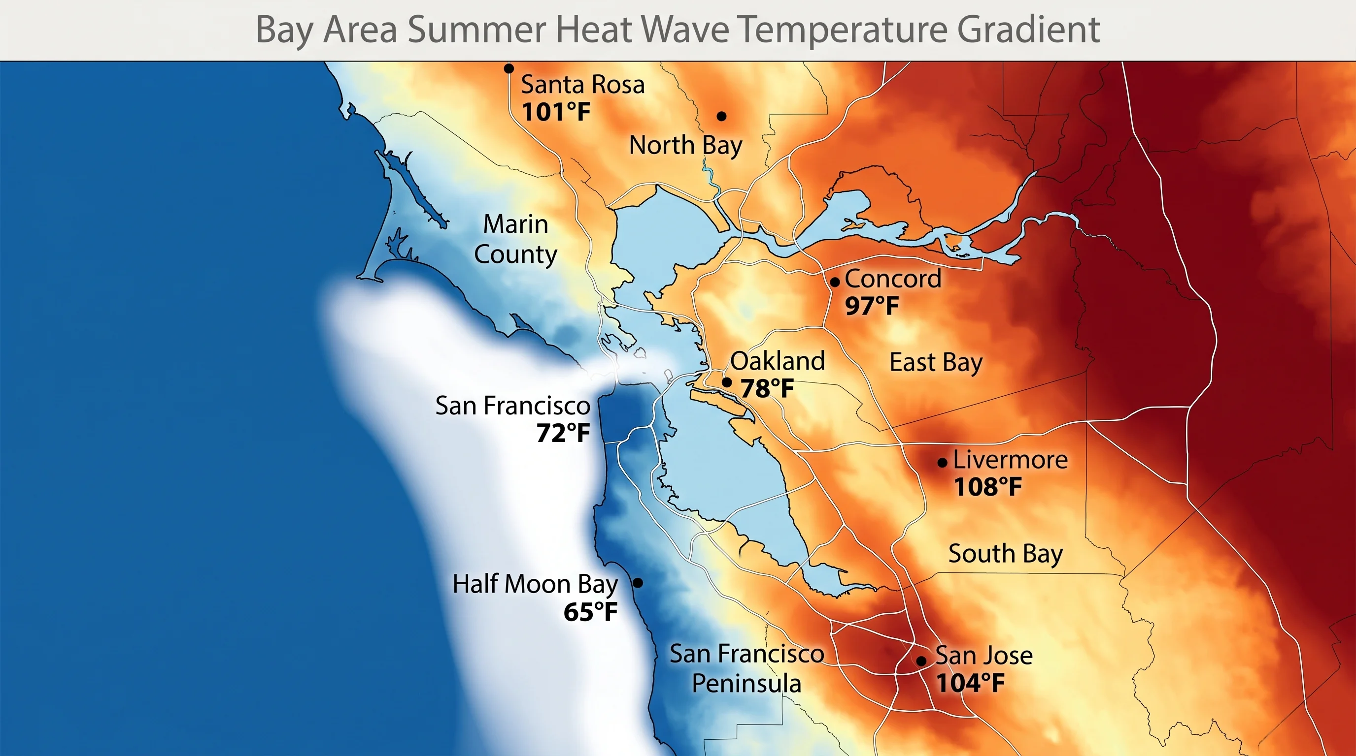 Bay Area temperature map during a heat wave showing extreme heat inland and moderate temperatures near the coast and Bay
