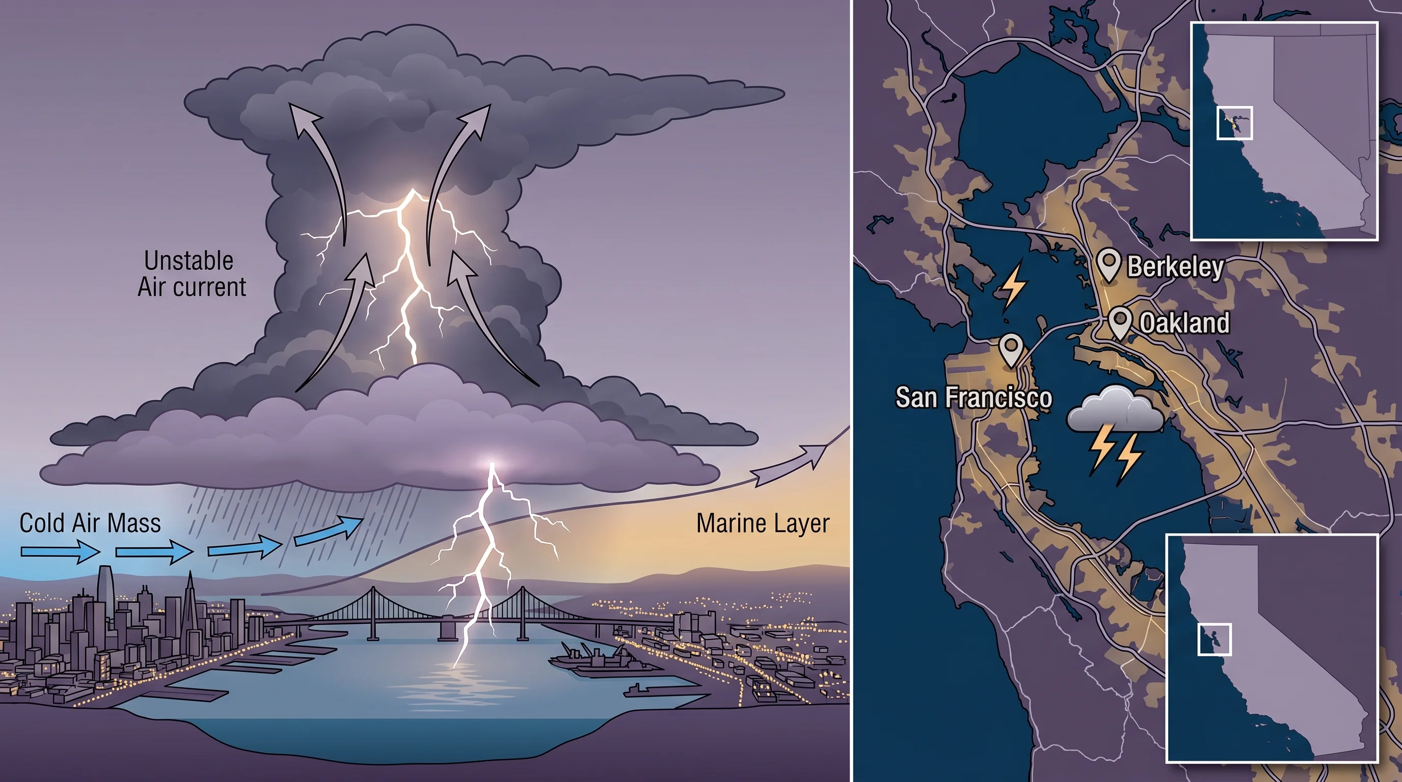 Rare lightning bolt over the San Francisco Bay with dark storm clouds