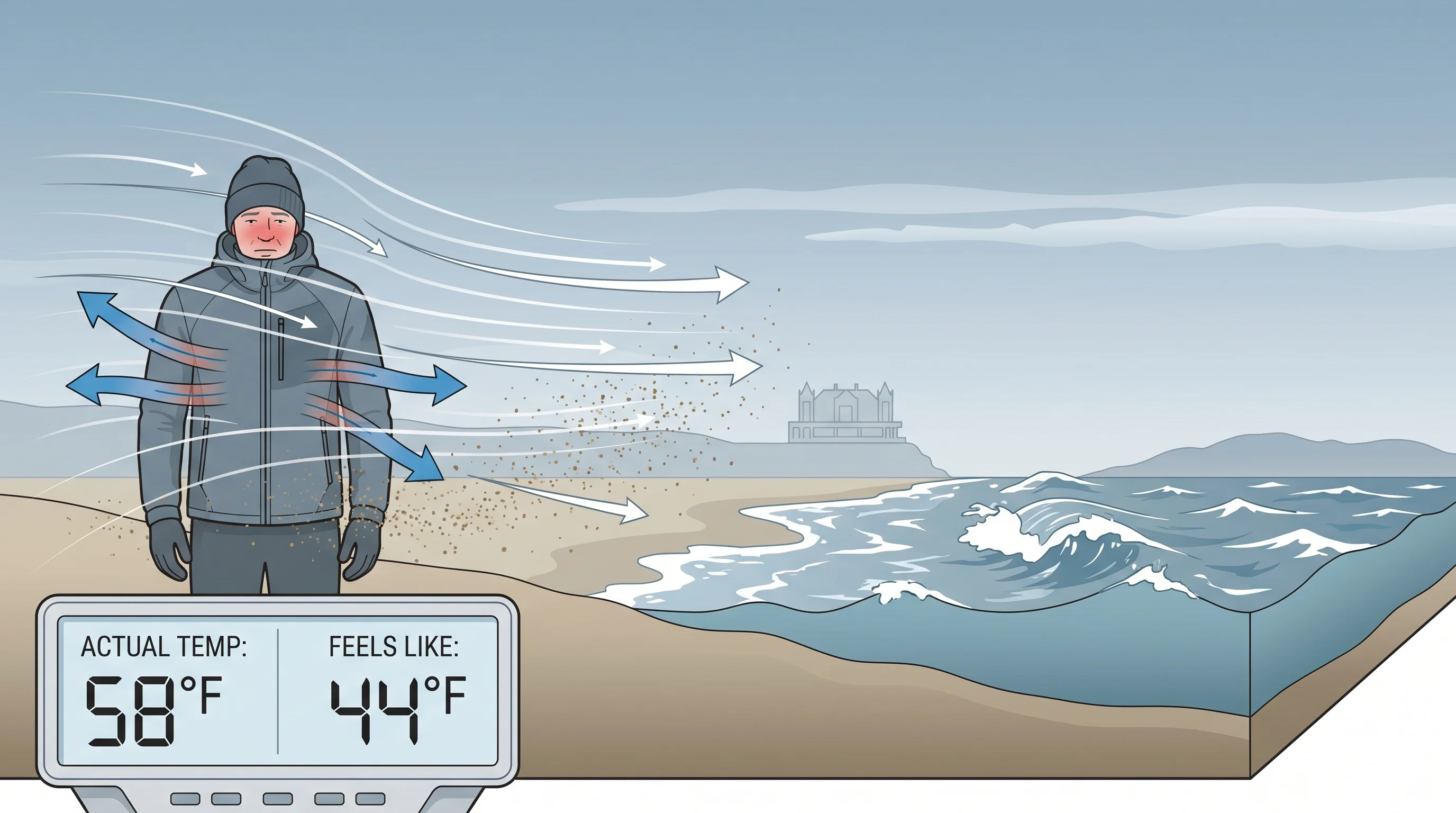 Scientific illustration explaining Bay Area Wind Chill: Why 55°F Feels Like 45°F Near the Coast