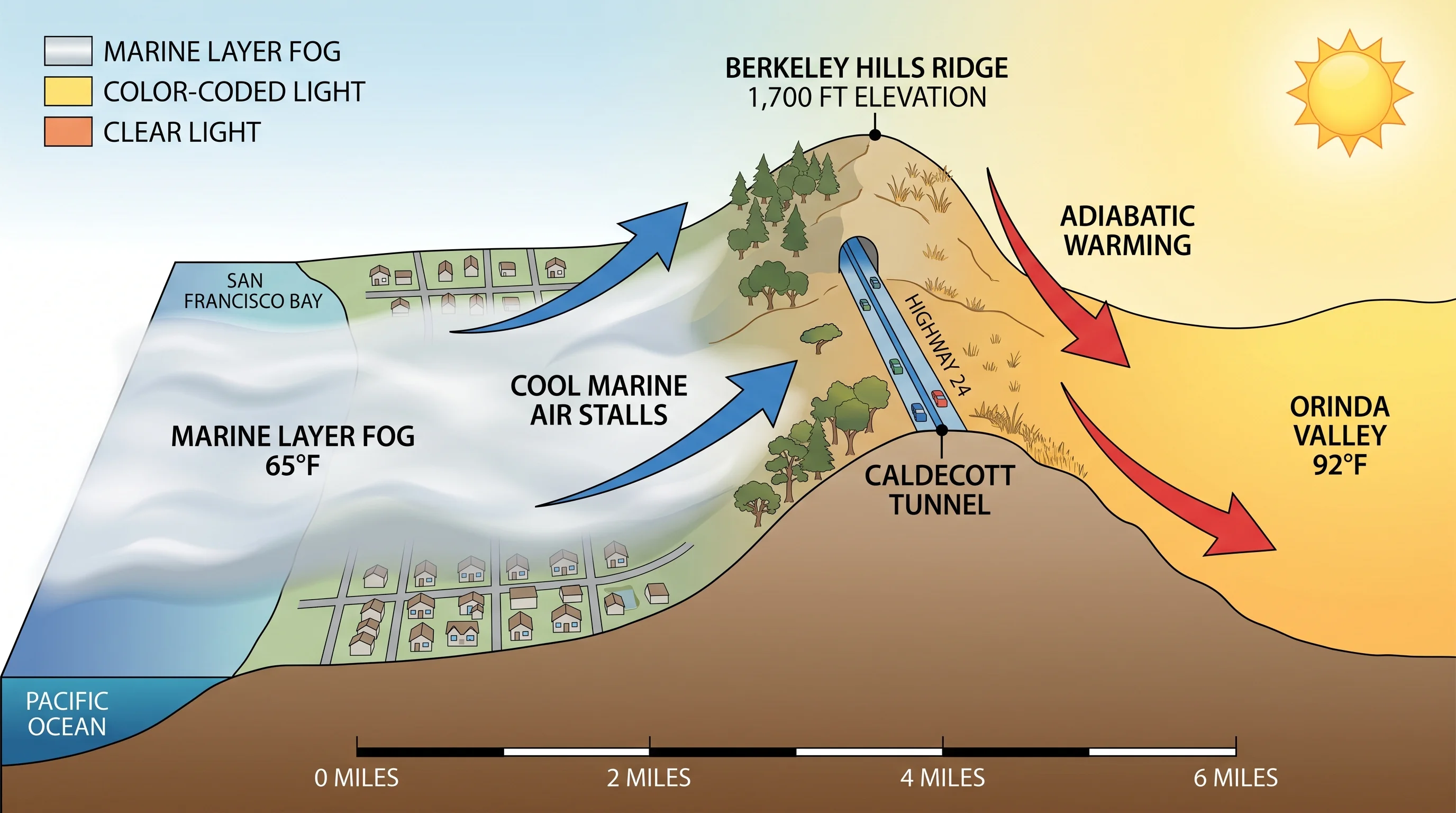 Cross-section diagram showing marine layer blocked by the Berkeley Hills on the west side, warm inland air on the east side toward Orinda and Lafayette