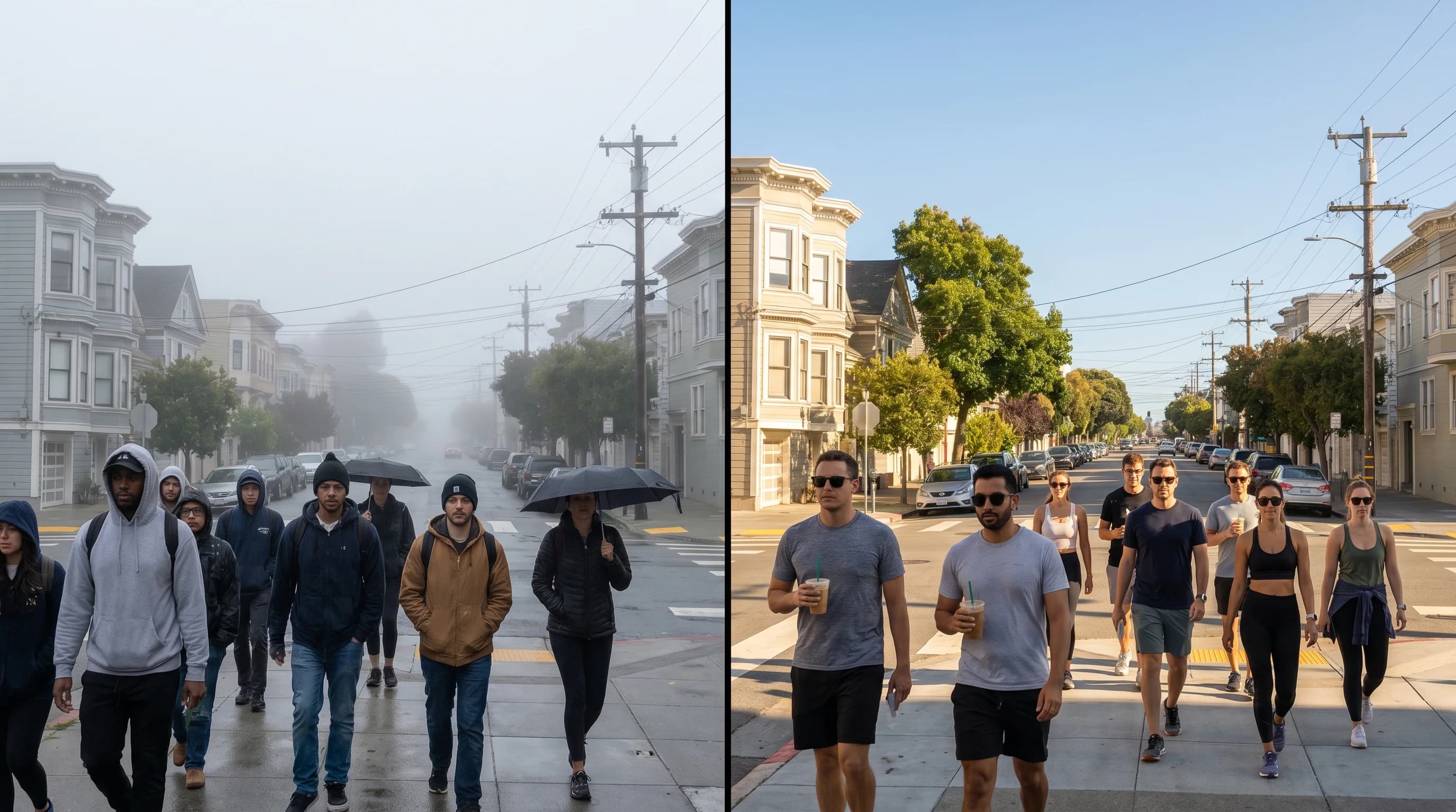 Comparison of foggy San Francisco in summer vs. sunny conditions in September