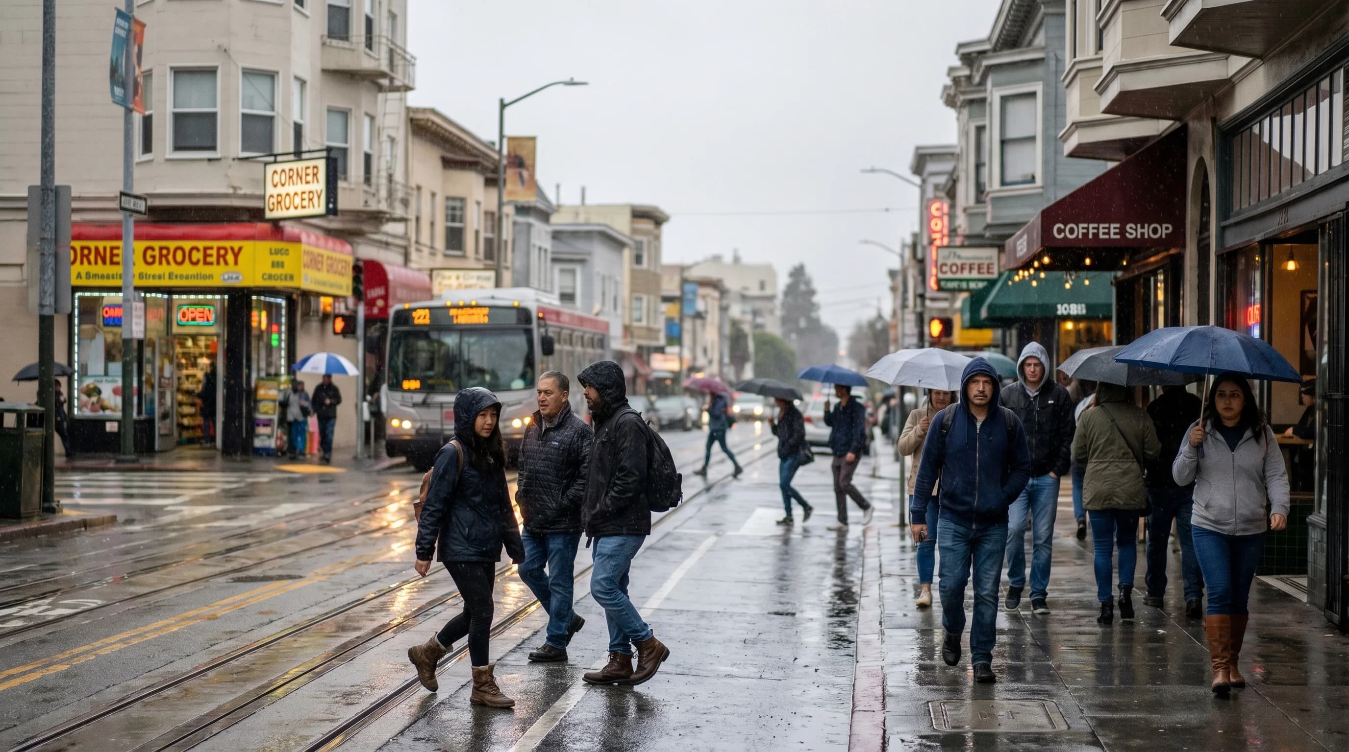 Rainy San Francisco street scene showing typical winter weather conditions