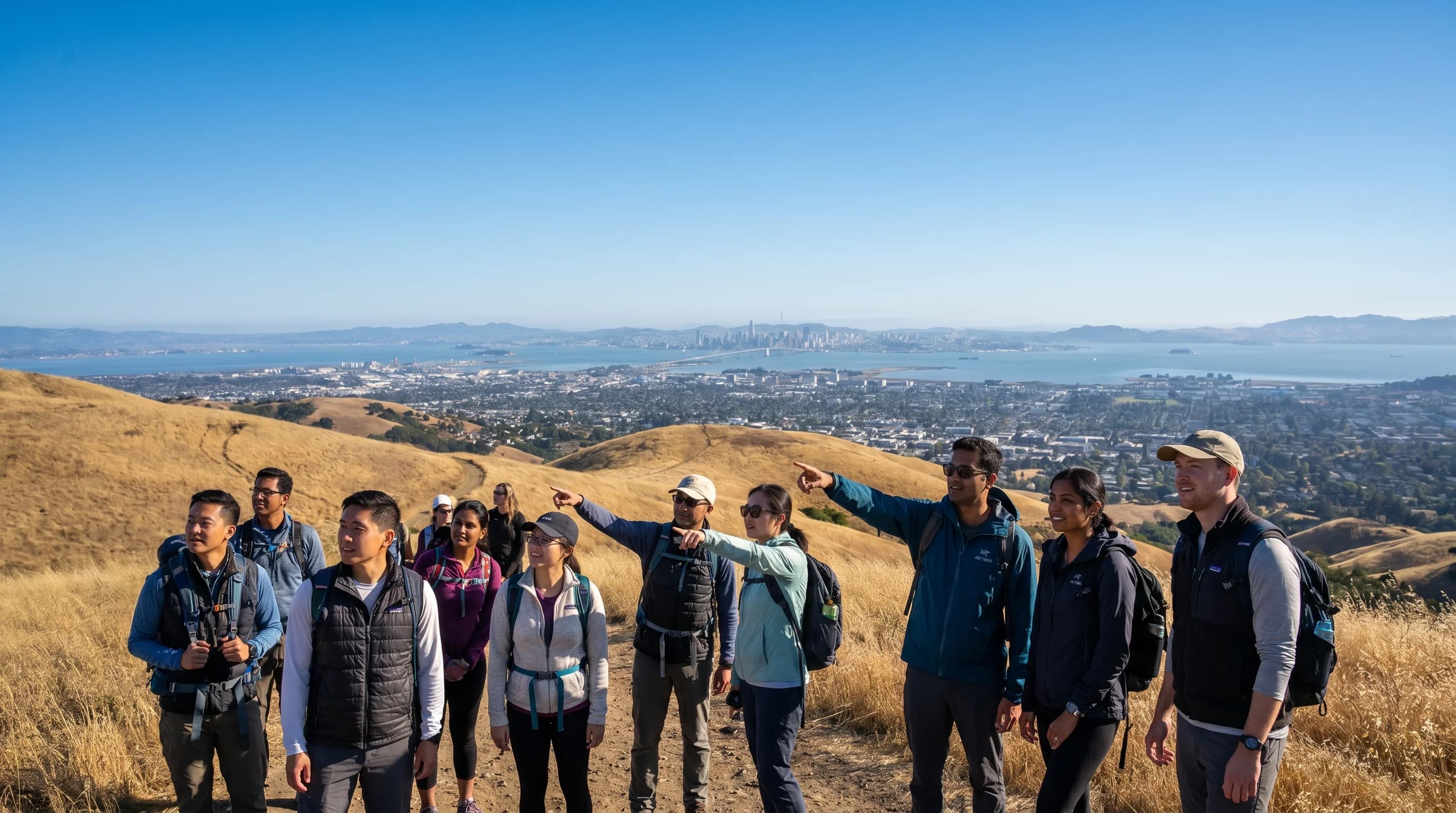 Clear, scenic fall hiking view of San Francisco Bay and surrounding areas on a September or October day
