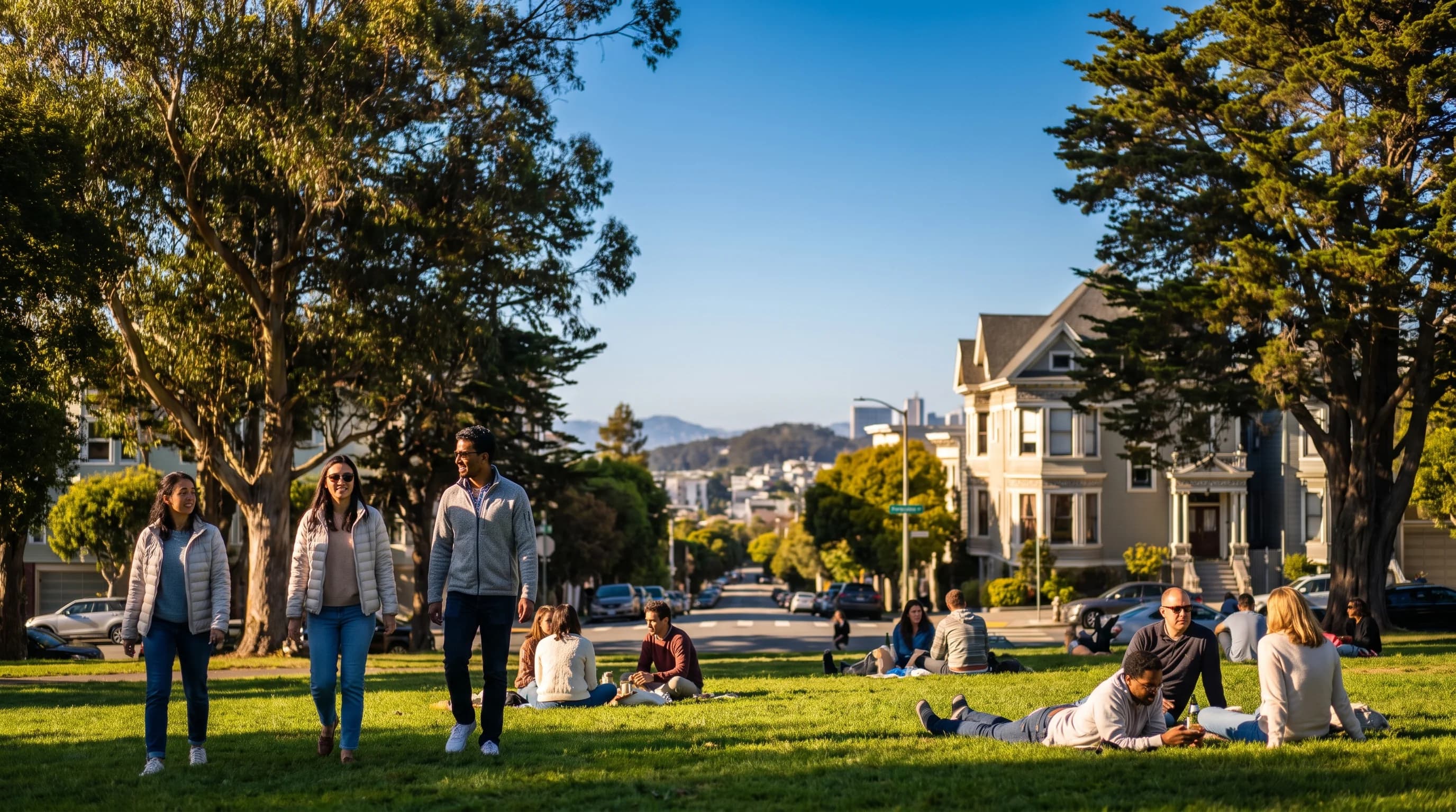 San Francisco in October clear autumn sunshine with blue skies over the skyline, warm golden afternoon light, no fog