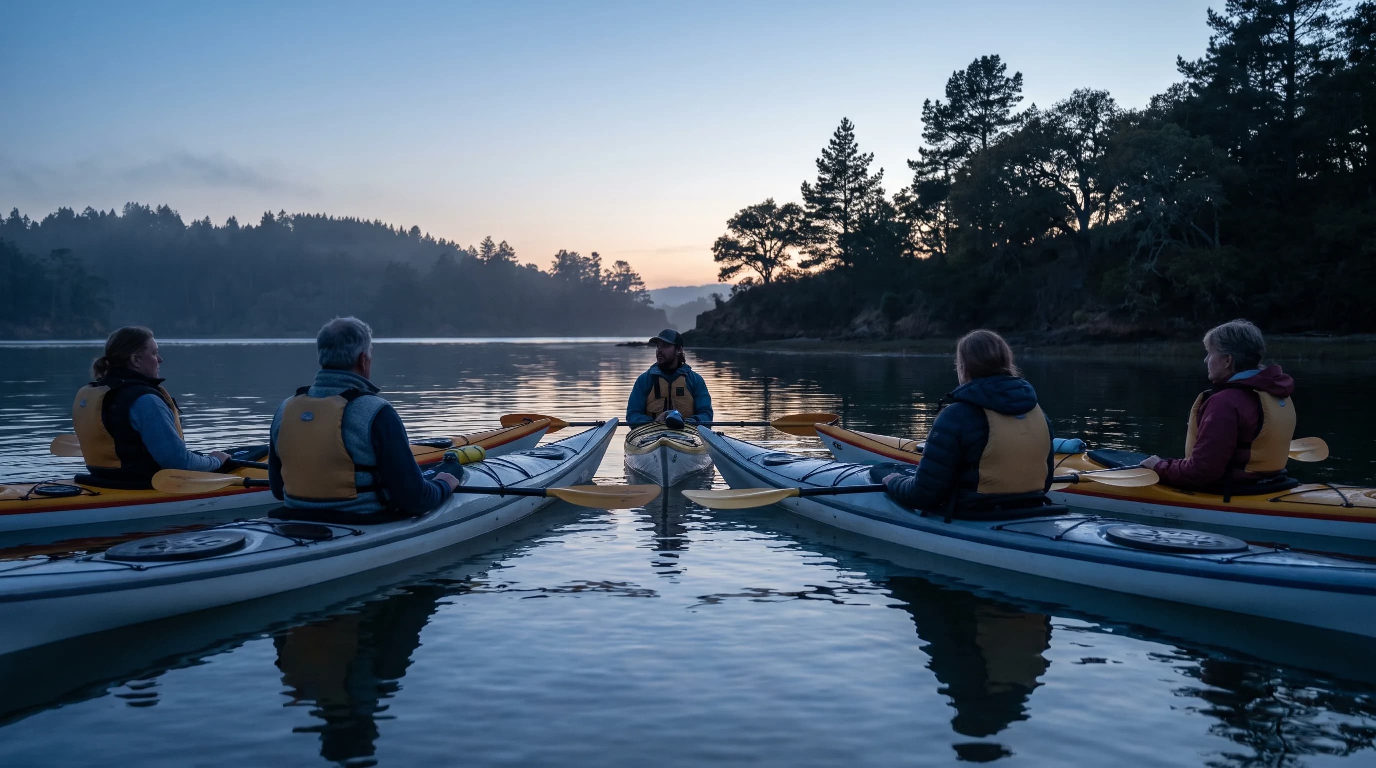 Guided sea kayaks gathered on a calm bay at dusk before a night bioluminescence paddle