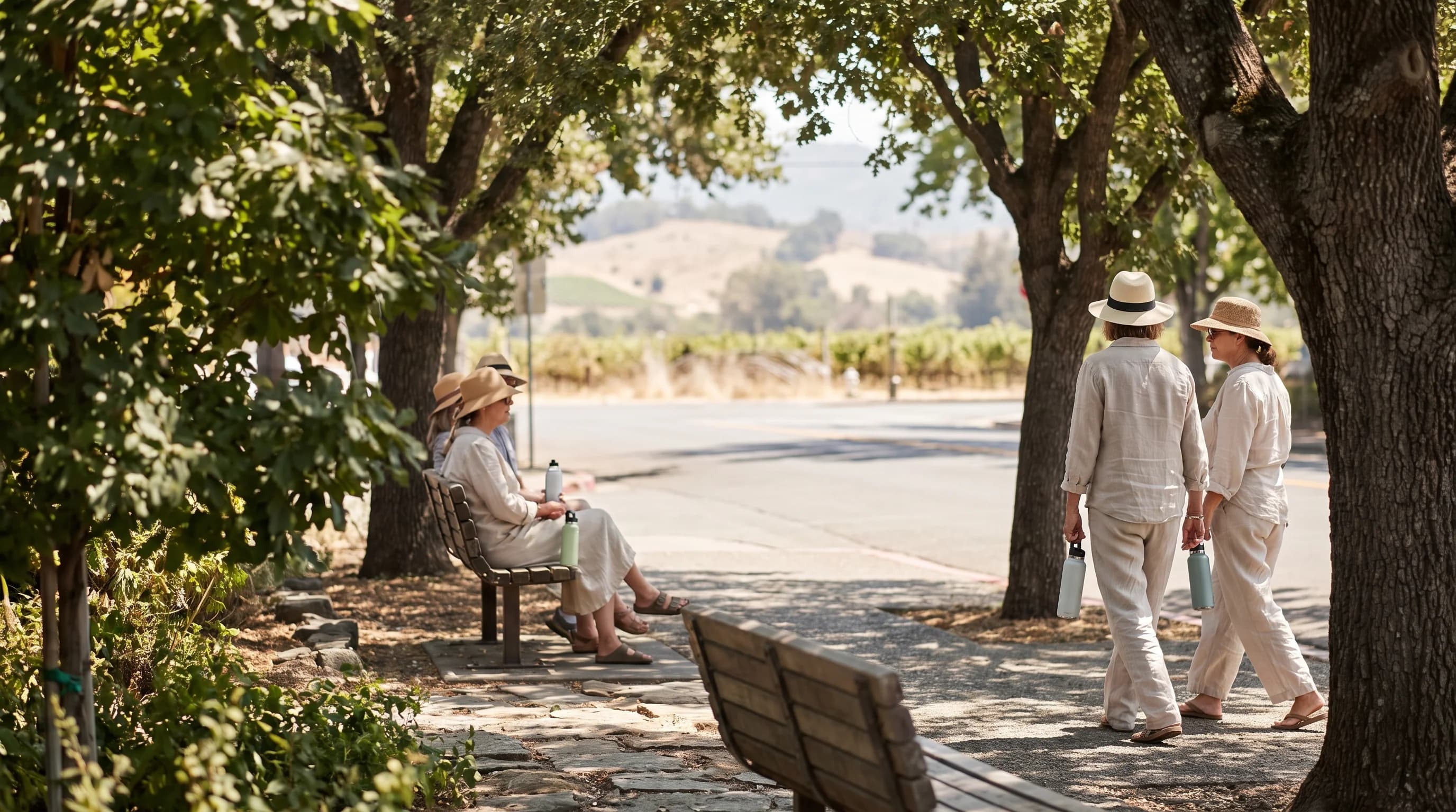 A shaded public walkway in Calistoga on a hot summer afternoon with people carrying water and resting beneath trees
