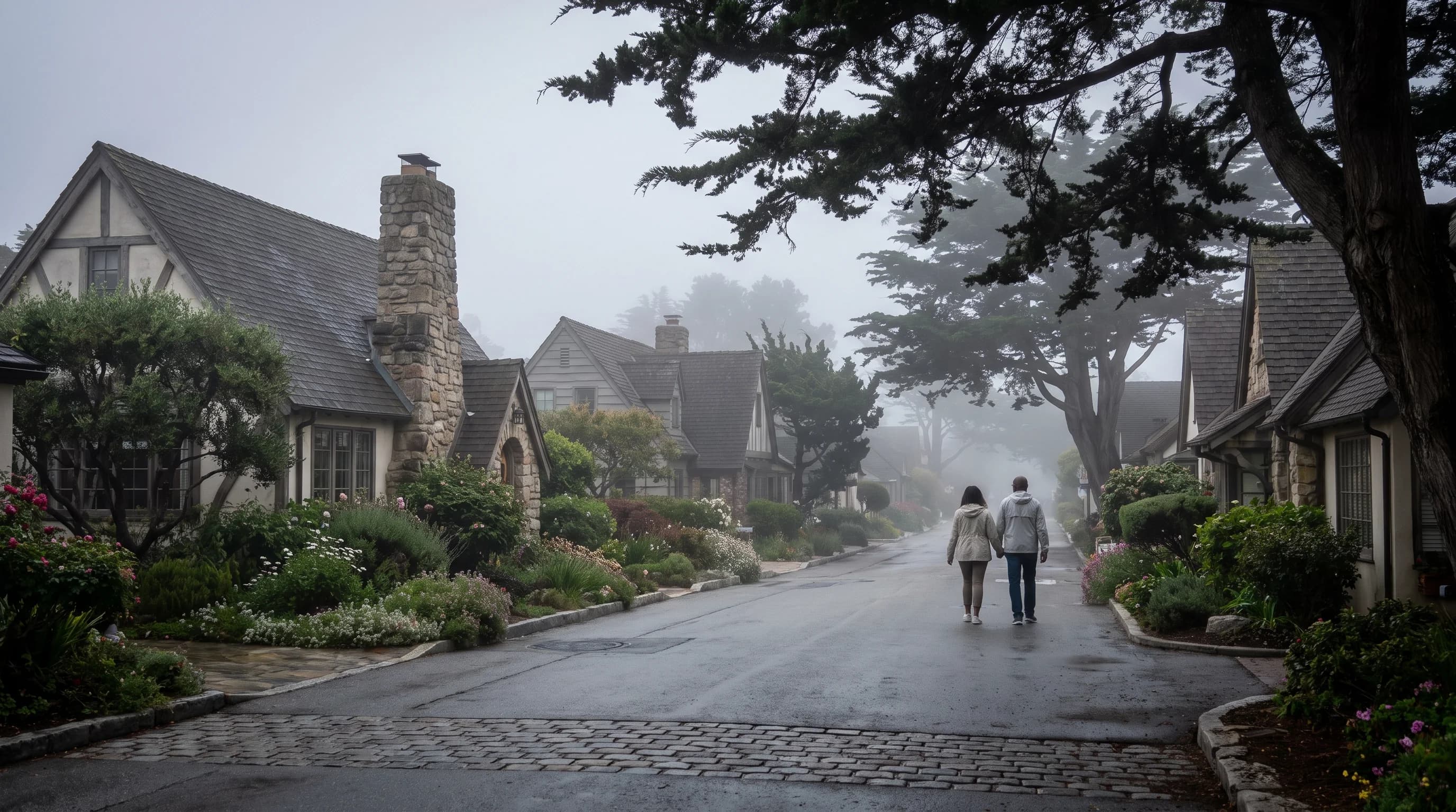 Storybook cottages and cypress trees in Carmel-by-the-Sea under soft summer morning fog
