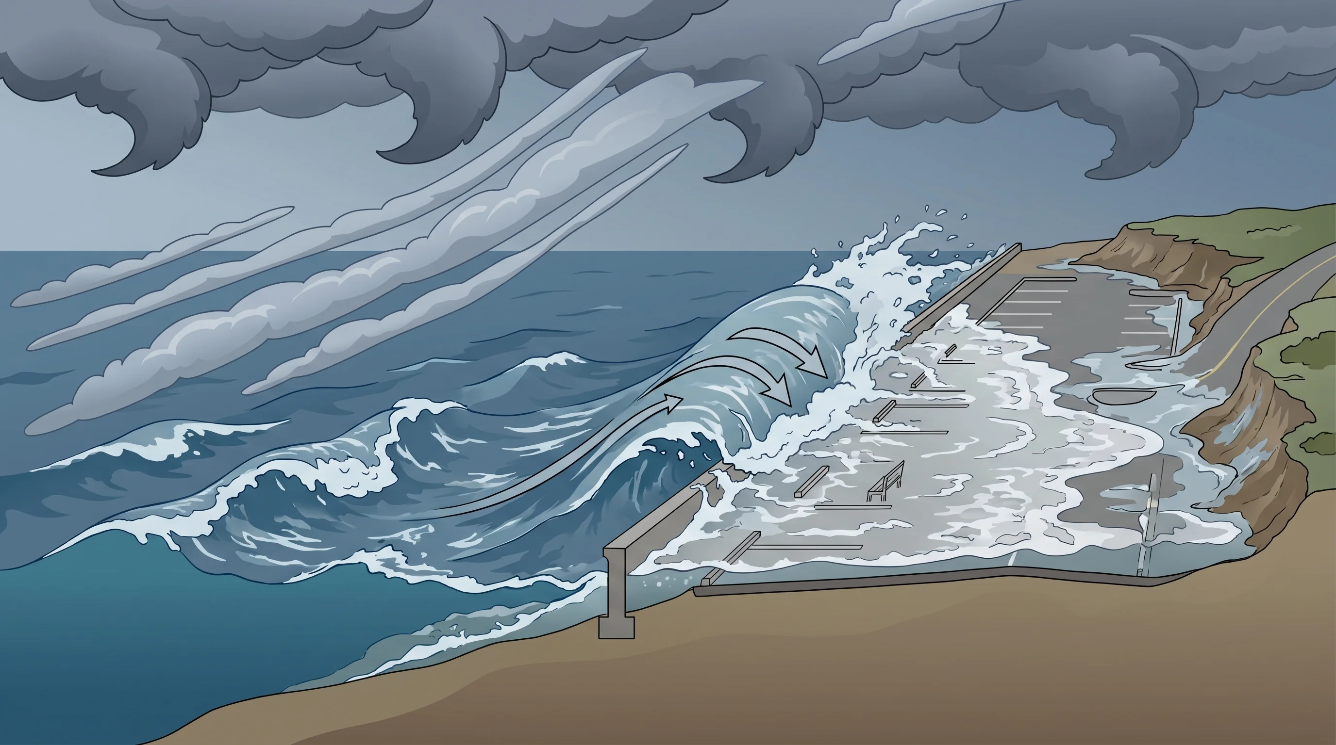 Waves crashing over a seawall along the Northern California coast during a coastal flood warning, with spray reaching a parking area