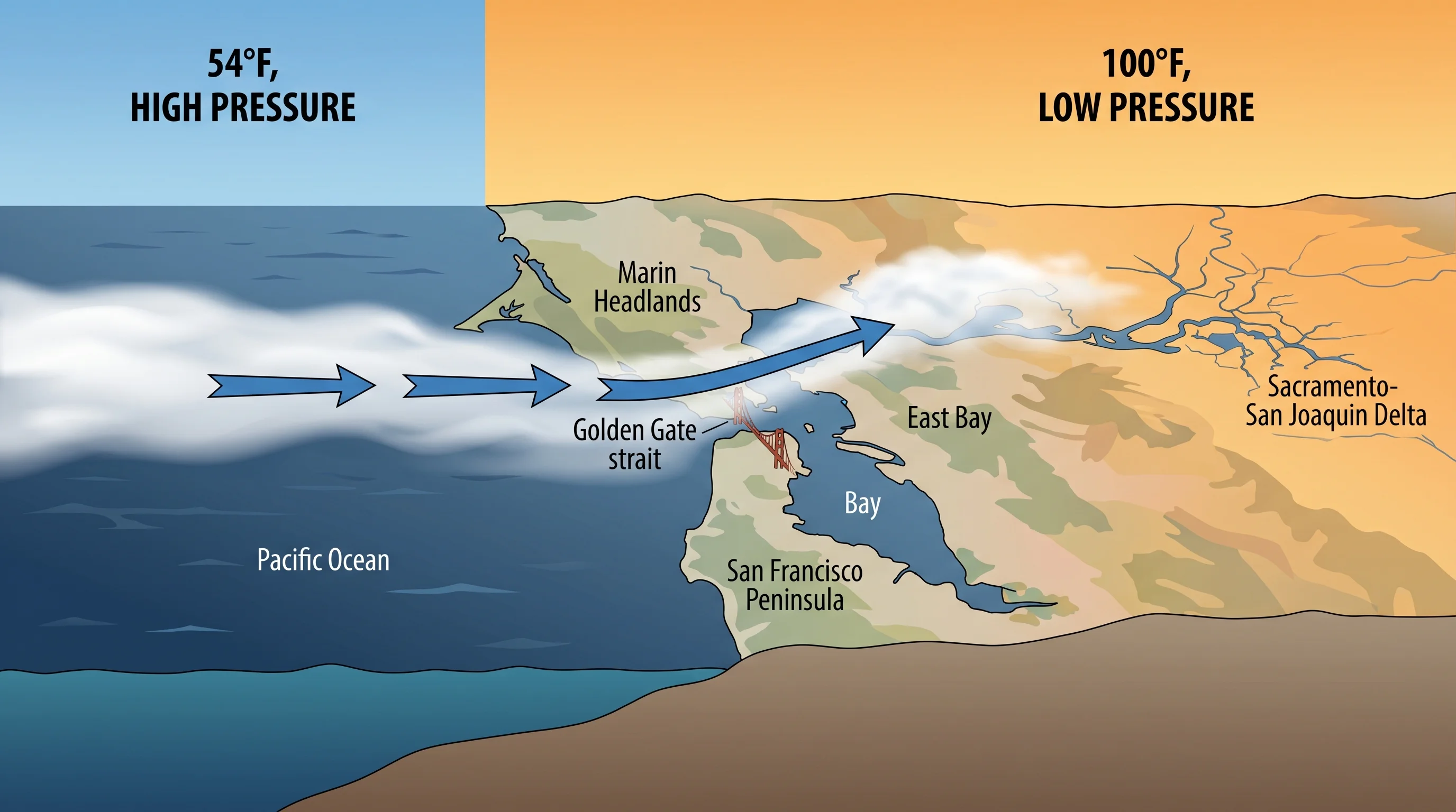 Split image showing the two Bay Area fog types: left panel shows marine layer fog rolling through the Golden Gate toward the coast; right panel shows radiation fog filling a Napa Valley floor at dawn with clear sky above