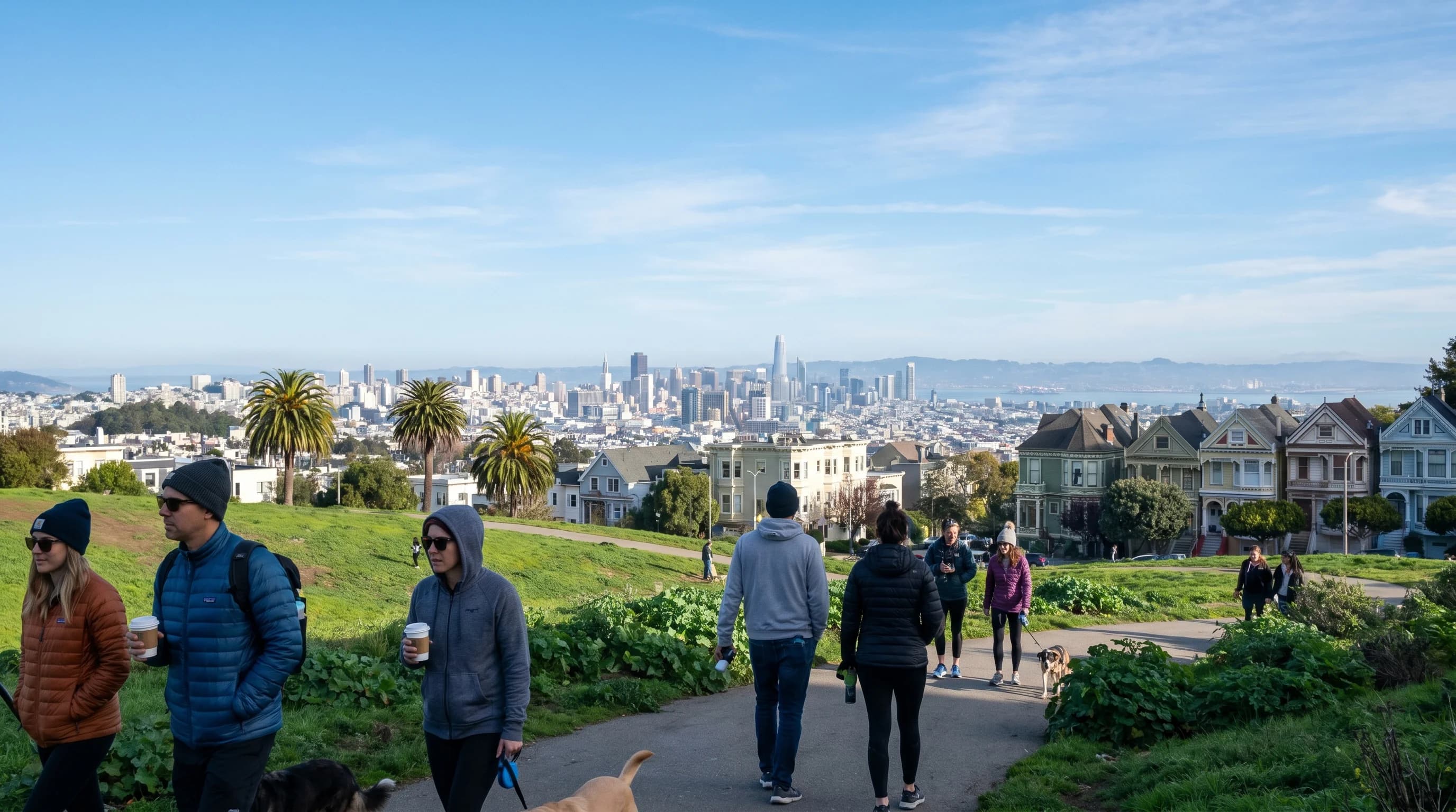 San Francisco skyline on a clear winter day with no snow, mild temperatures visible from blue sky and green vegetation