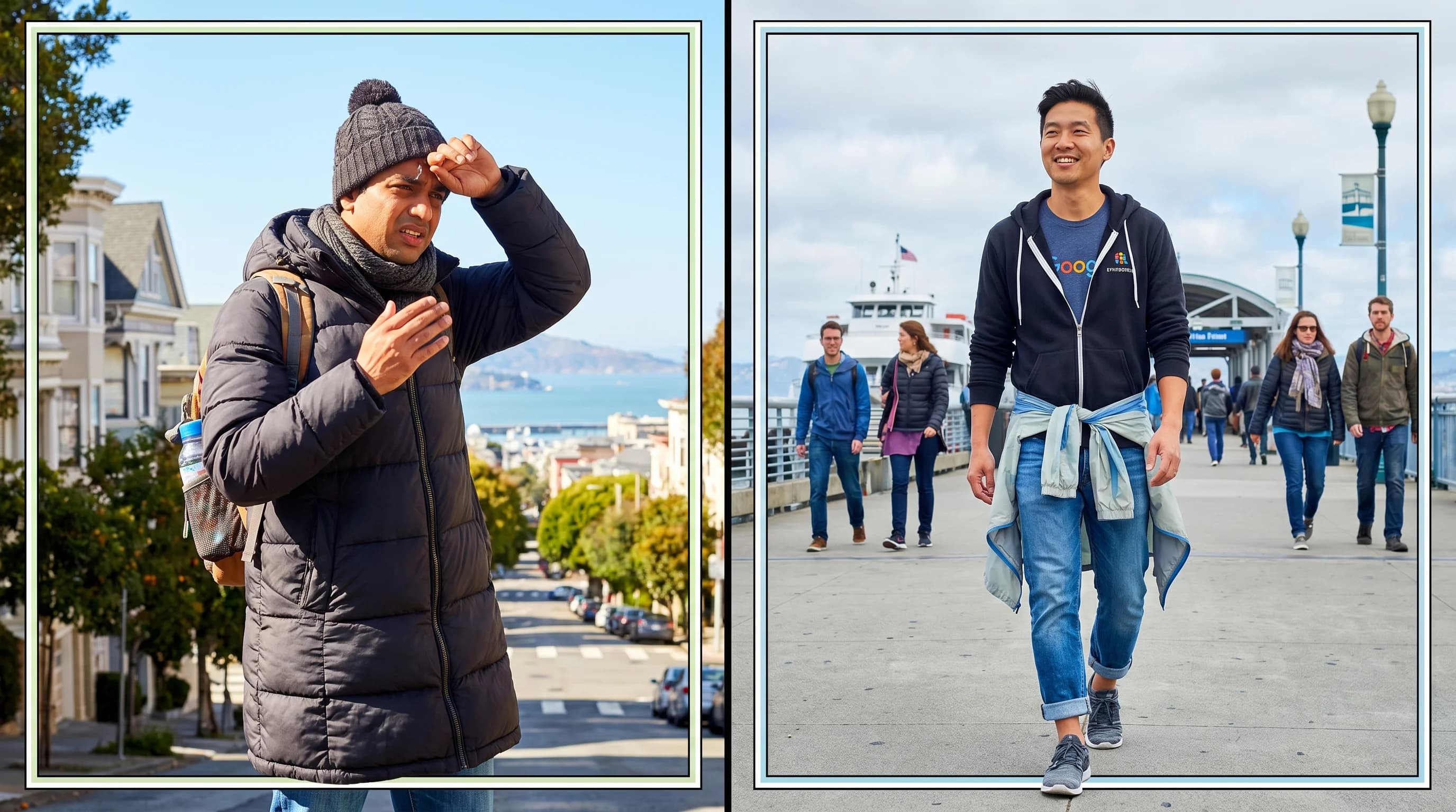 Comparison of overly-dressed tourist in heavy coat vs. local in practical layers, both in San Francisco