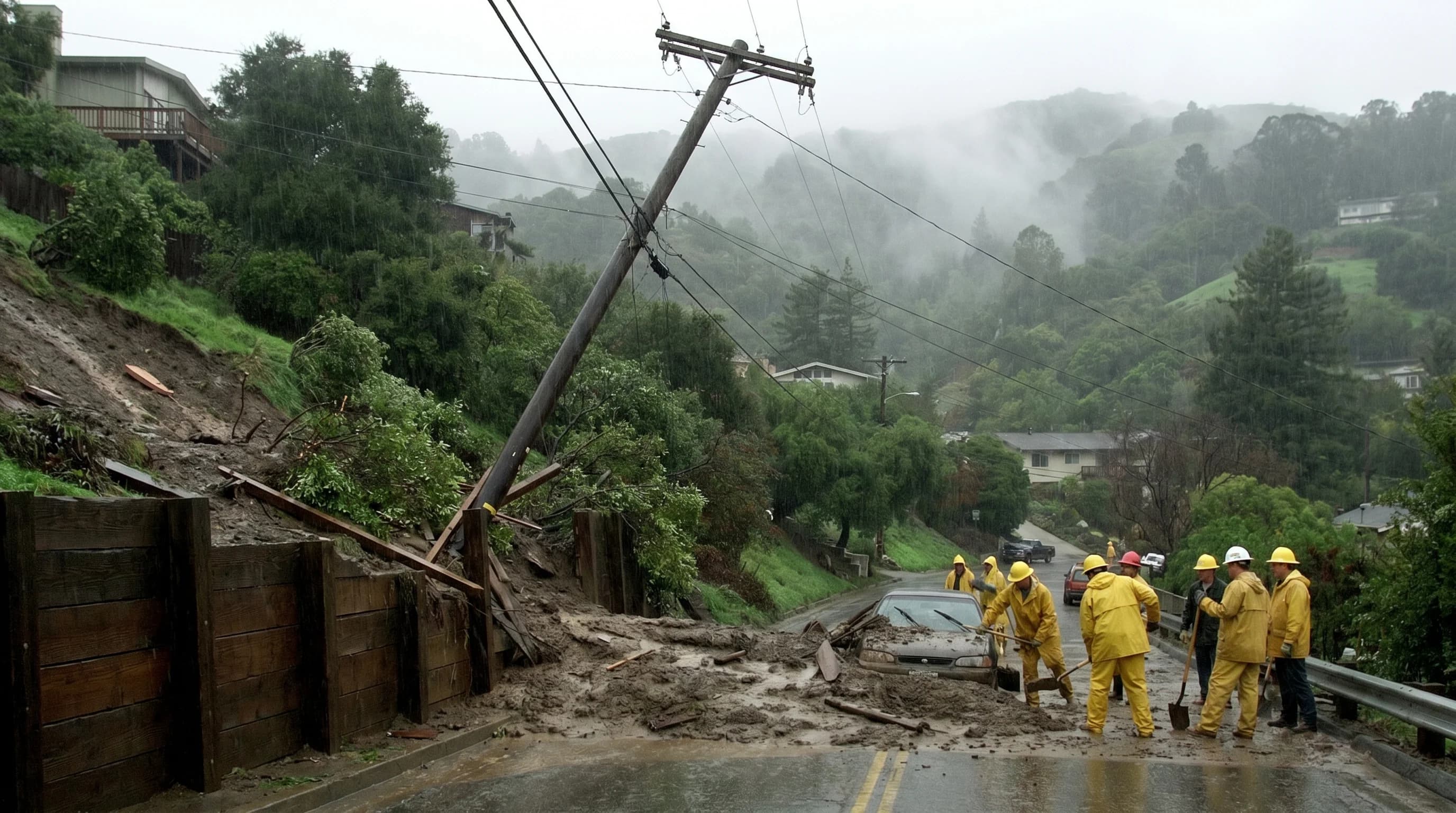 Bay Area storm damage from El Niño 1998: flooding in a neighborhood street, debris flow on a hillside road, emergency vehicles in floodwaters