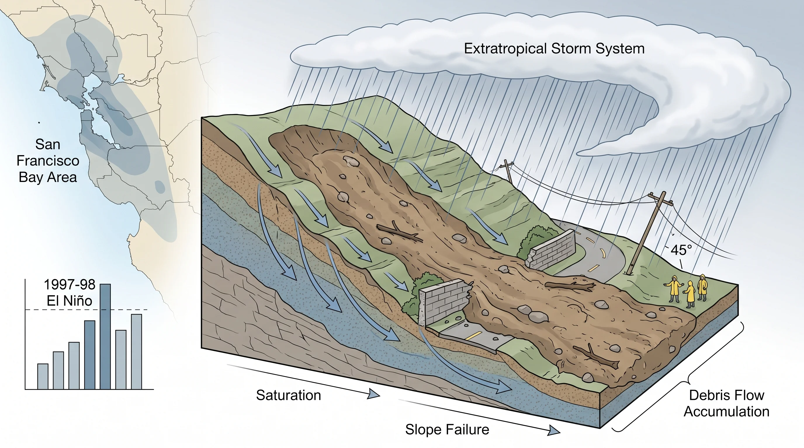 Scientific illustration explaining how the 1997-98 El Niño brought repeated storms to the Bay Area