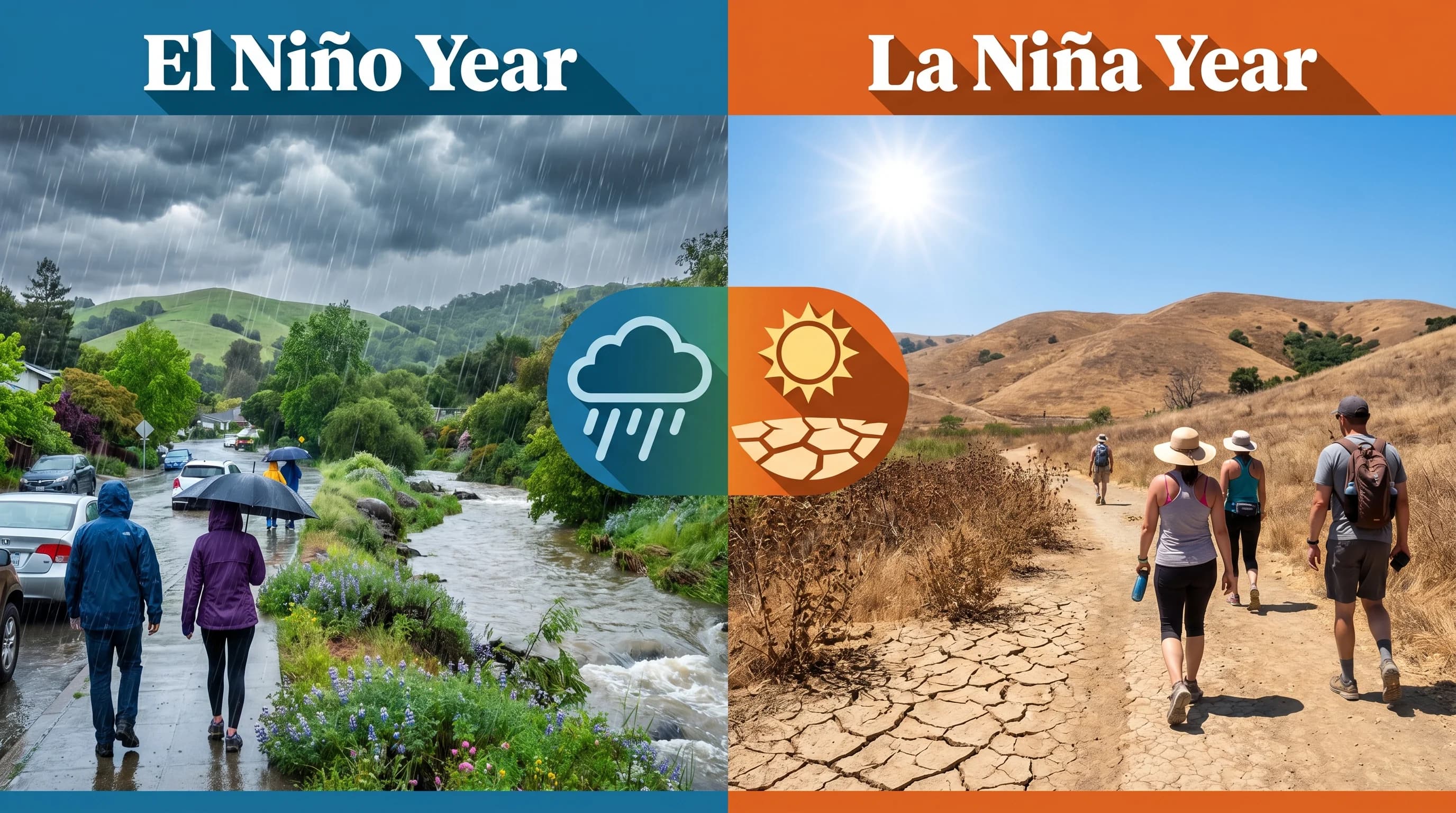 Timeline showing historical El Niño and La Niña events and their duration over the past 20 years