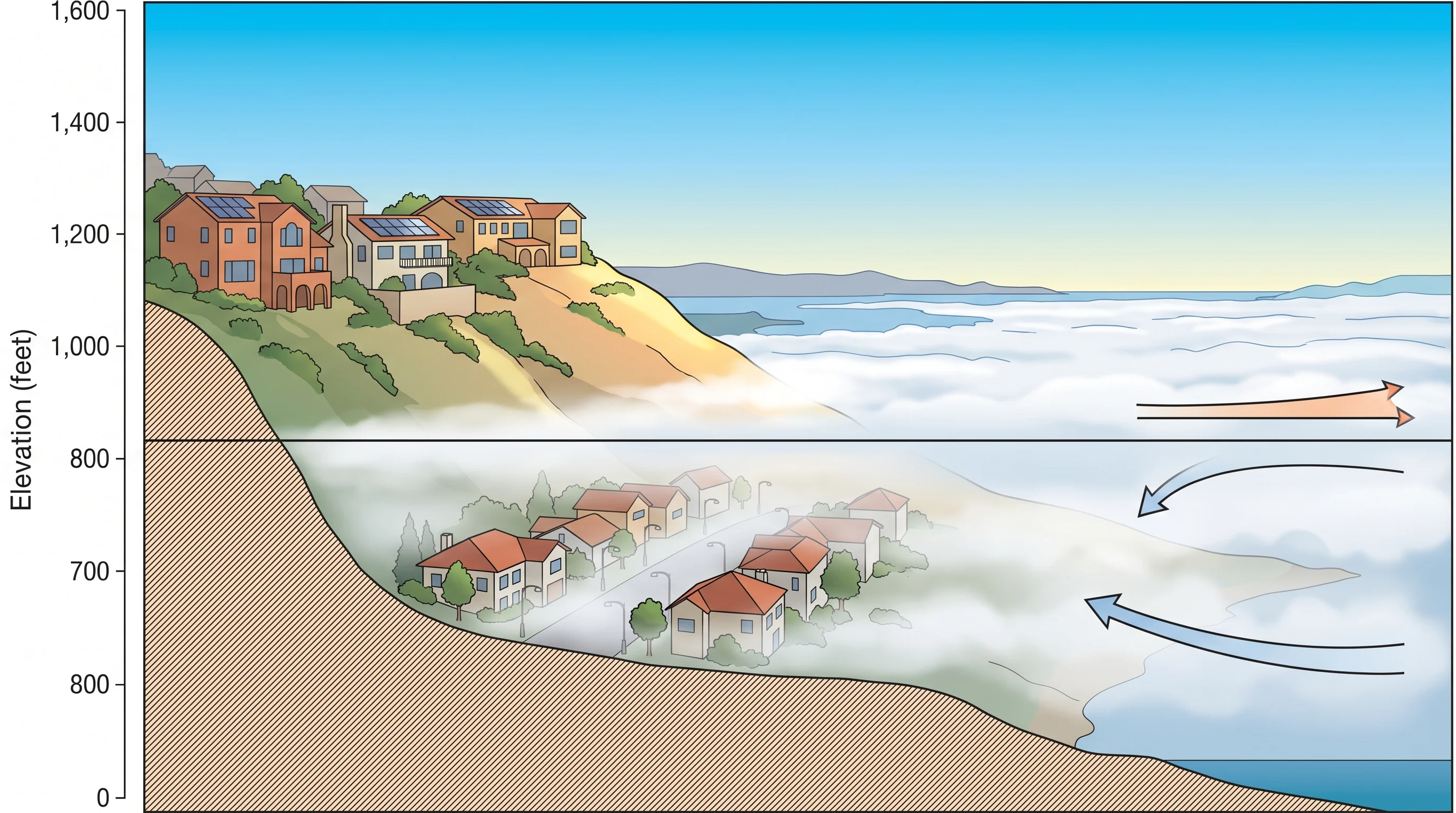 Bay Area hillside home above the marine layer fog ceiling, looking down at a valley filled with white fog below, with blue sky and sunshine at elevation