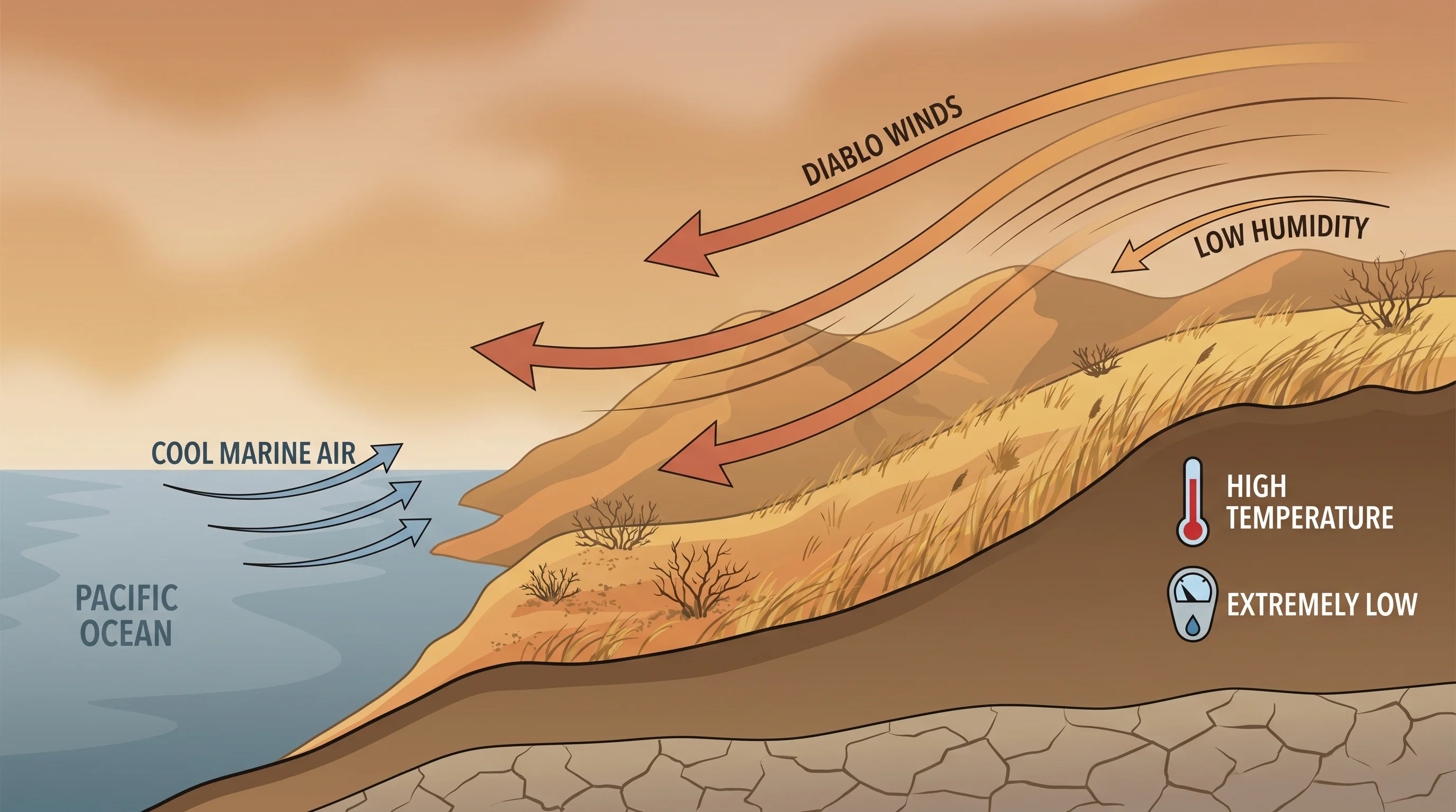 Bay Area hillside under dry, hazy conditions during a fire weather warning with golden-brown grass on steep terrain