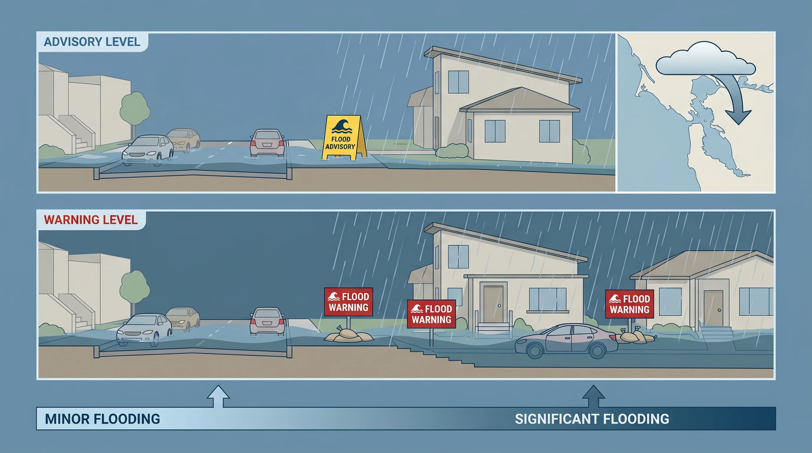 Flooded Bay Area neighborhood street during a winter storm, with water covering sidewalks and approaching front doors of homes, emergency barricade signs visible