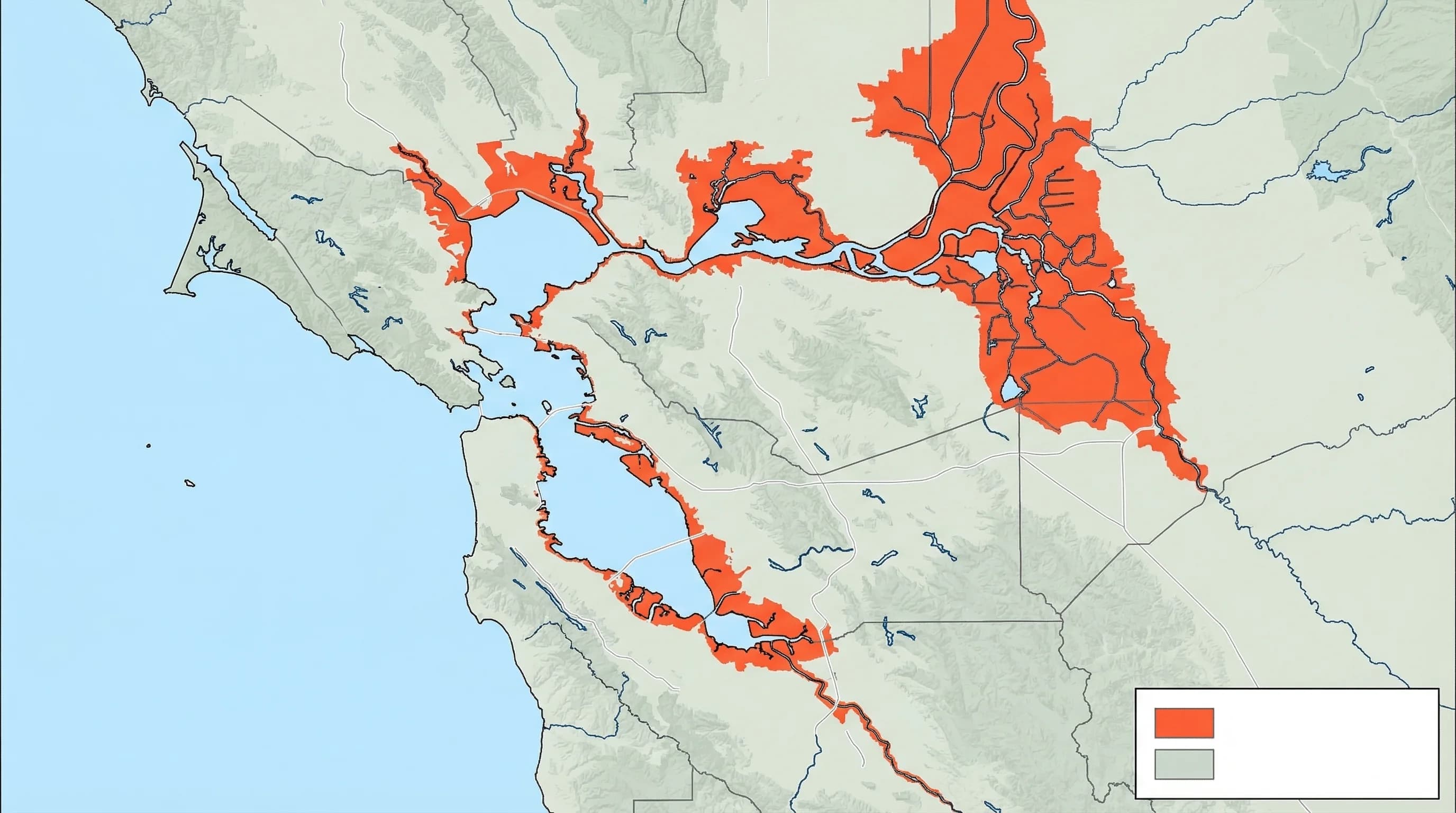 Map of San Francisco Bay Area showing FEMA flood zones, with high-risk creek corridors and bay shoreline areas highlighted in orange and red