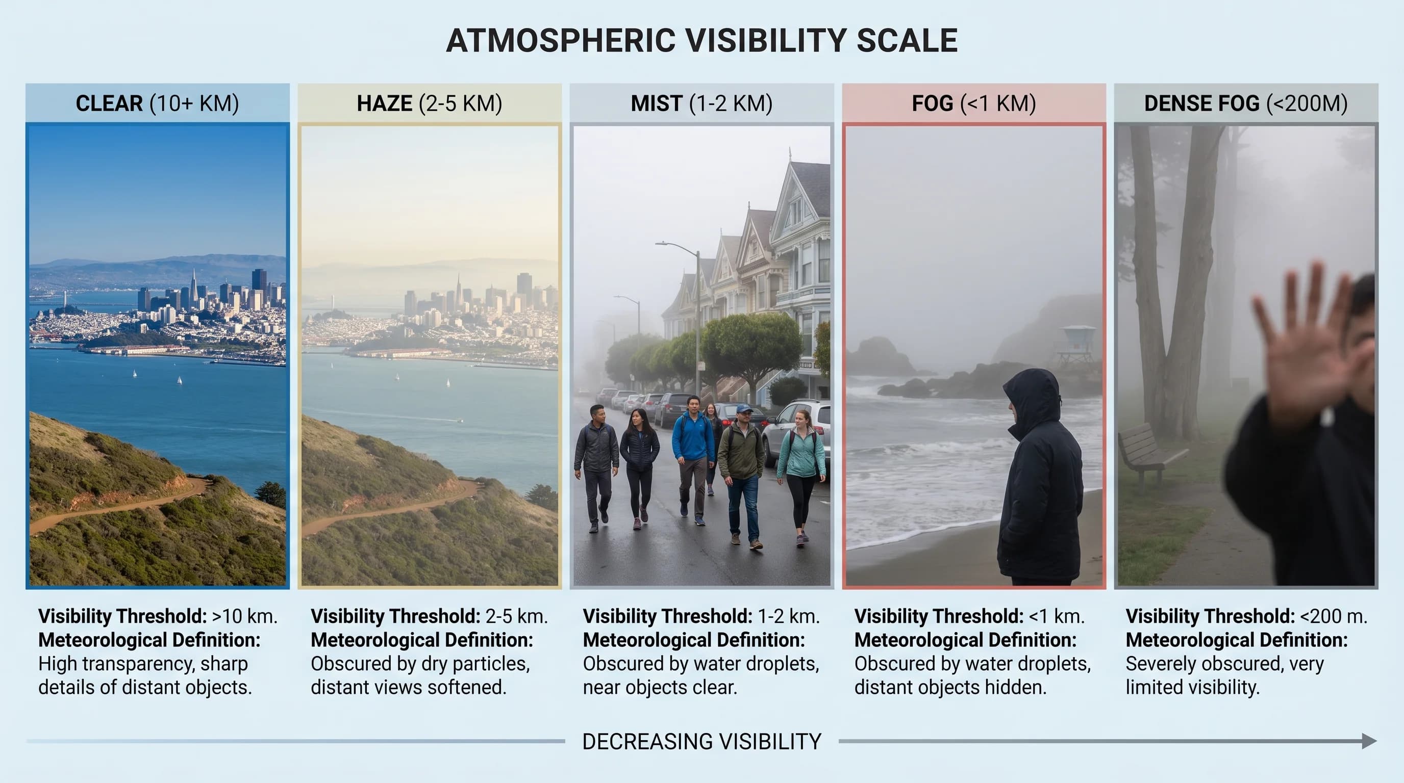 Comparison diagram showing fog with near-zero visibility versus mist with reduced but functional visibility, with the 1km threshold labeled