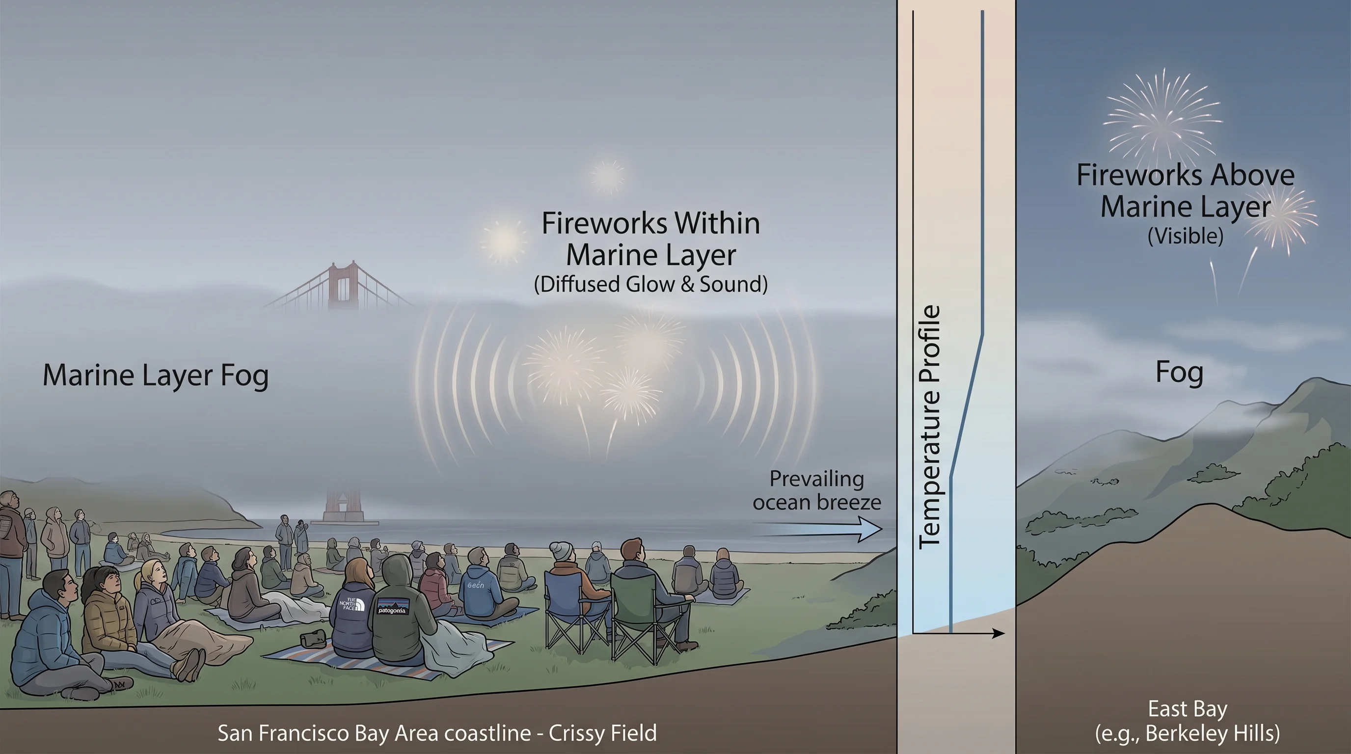 San Francisco Fourth of July fireworks over the bay with fog partially obscuring the display: fireworks bursting through low marine layer fog, their light diffused and glowing through the clouds, the bay visible below, capturing the characteristic SF Independence Day experience