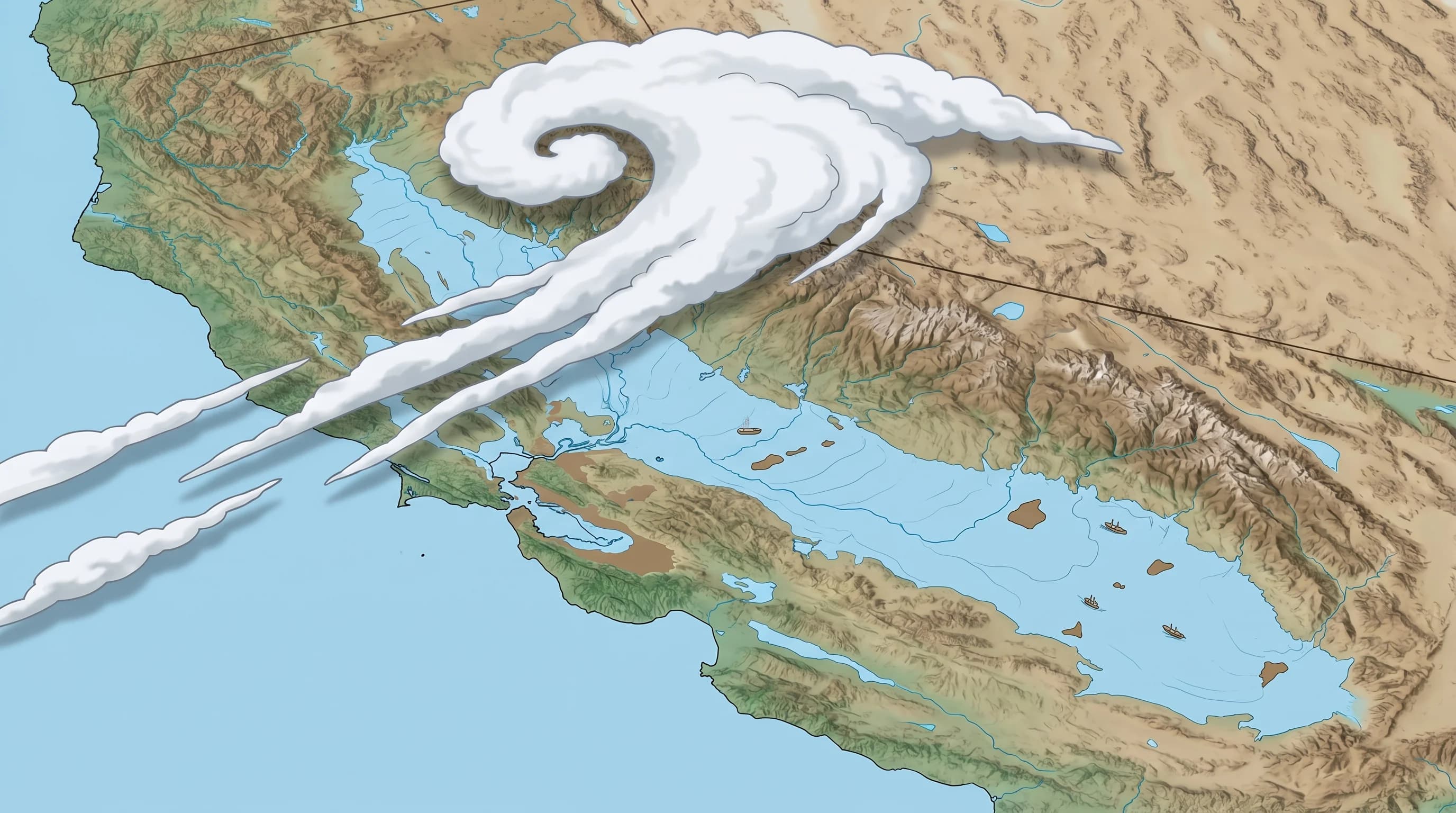 Historical illustration or map of the 1862 California flood showing the Sacramento Valley as a vast inland sea, with flooded lowlands and towns submerged under water