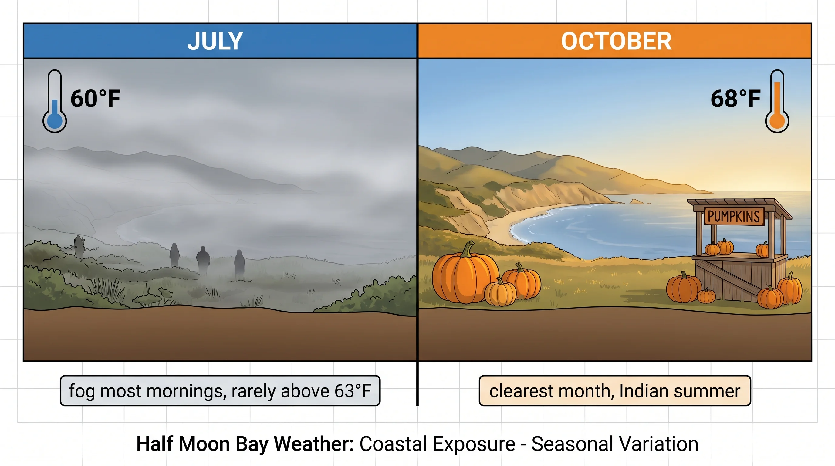 Scientific illustration explaining Half Moon Bay Weather: Coastal Exposure