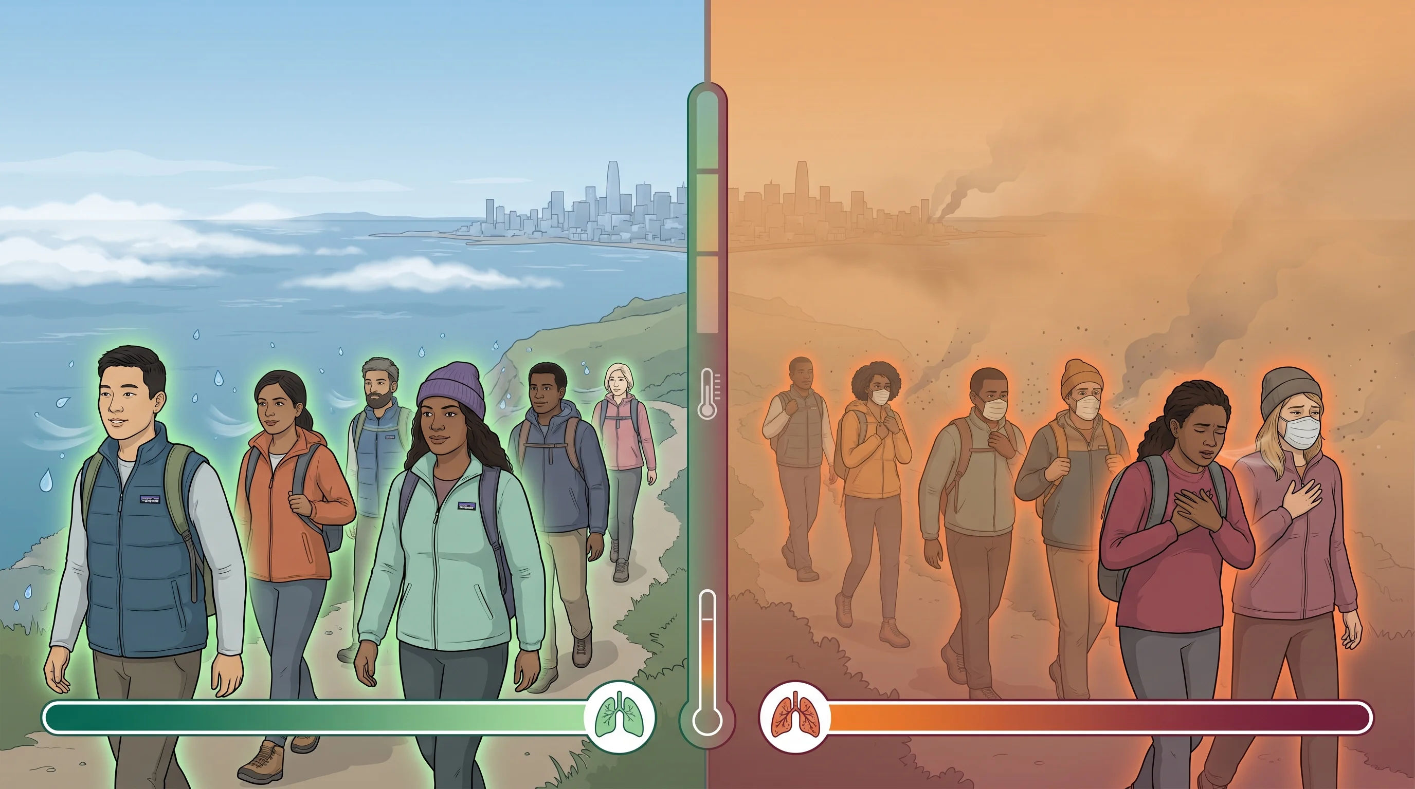Side-by-side comparison: left panel shows thick white fog over a Bay Area coastal neighborhood with visibility under a quarter mile; right panel shows brownish-gray wildfire smoke haze over the Bay Area skyline with reduced visibility and an orange tint