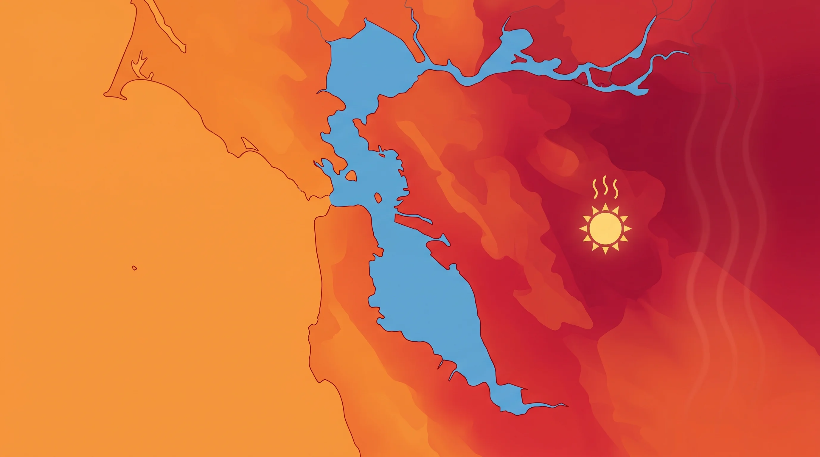 Bay Area heat-gradient illustration showing warmer conditions from the Pacific coast toward inland East Bay valleys